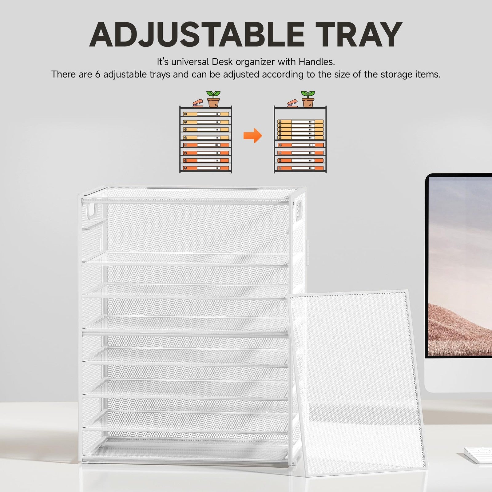 SUBEKYU 9-tier white metal mesh paper letter tray desk organizer with handles, ideal for office or home organization.