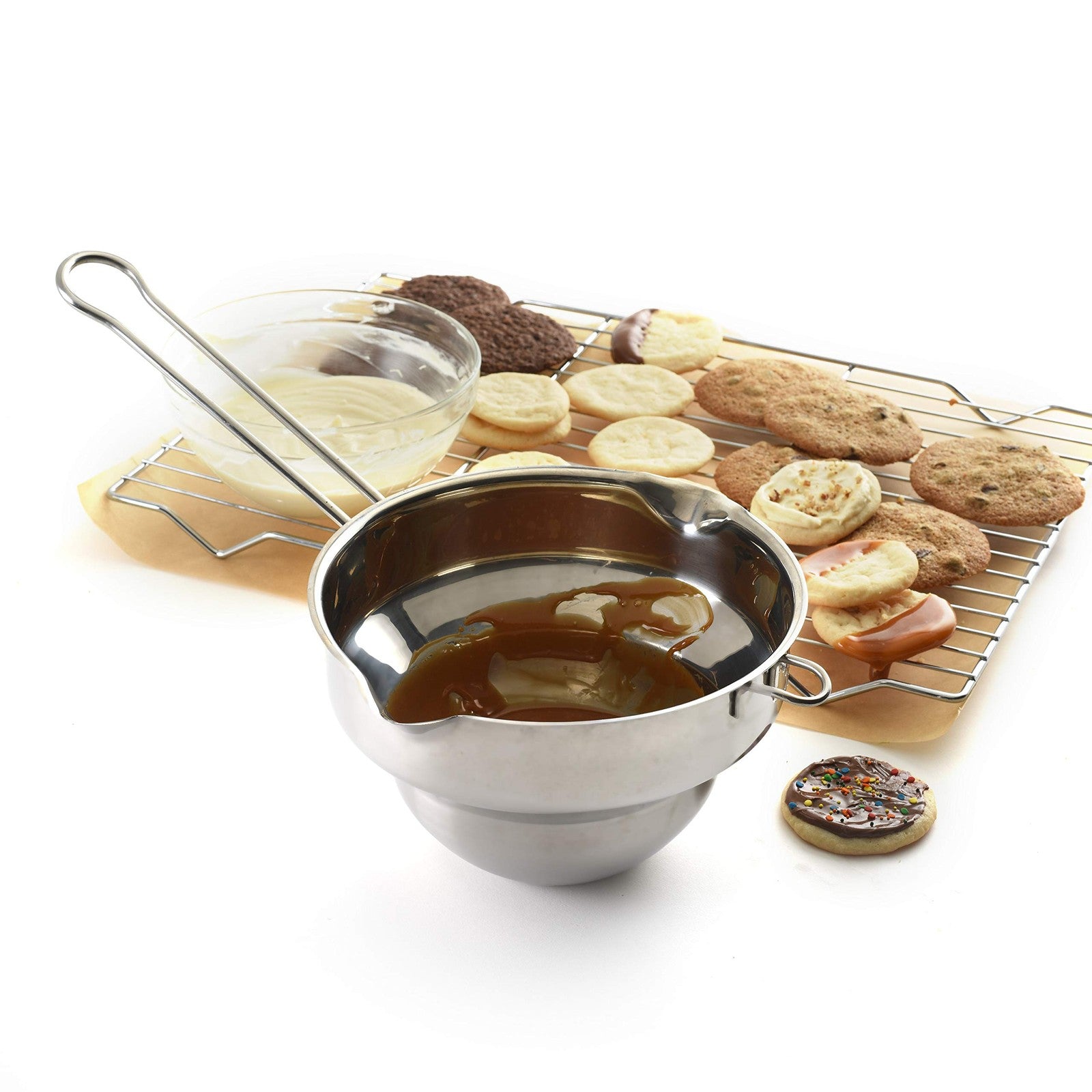 Norpro stainless steel double boiler in 3-quart size with two stacked pans for gentle cooking and melting.