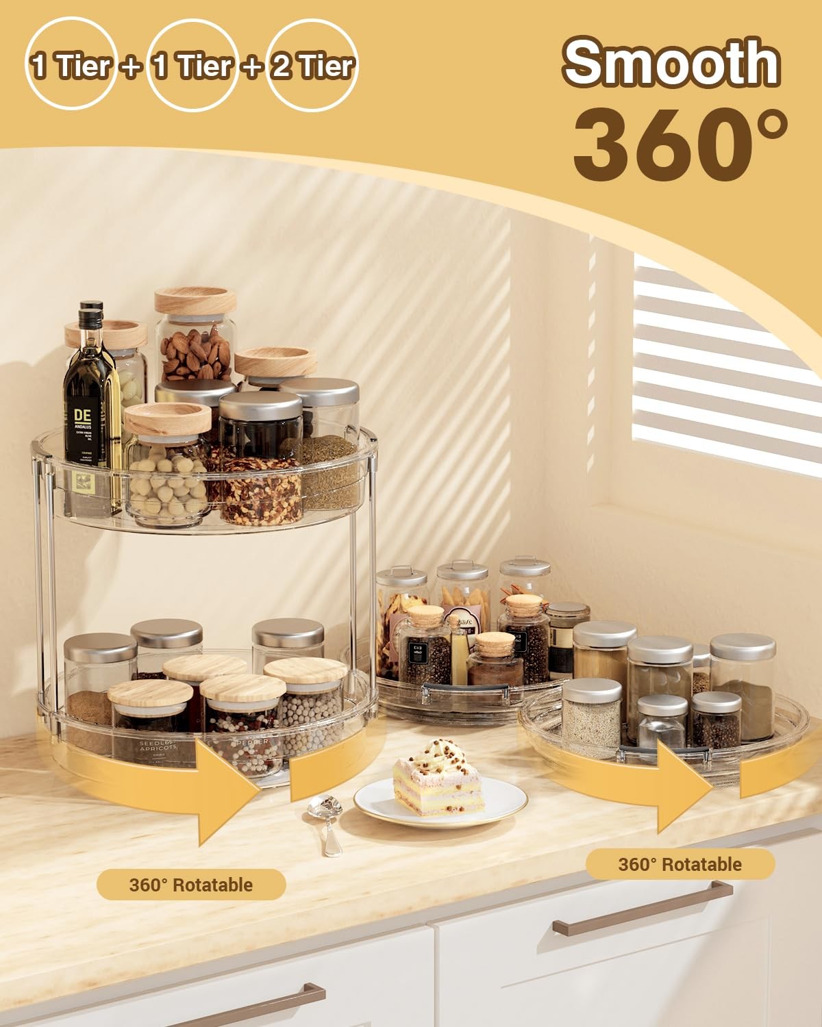 Incostar 2-pack Lazy Susan organizers with 9.25-inch and 11.81-inch two-tier turntables for kitchen storage.