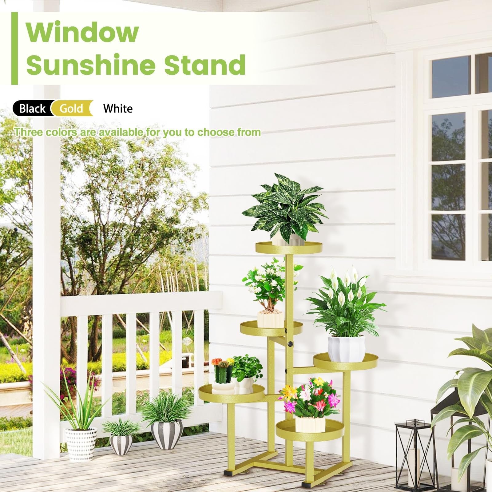 Jsyonii 5-tier gold metal plant stand for indoor and outdoor use, corner tiered plant shelf with multiple shelves for plants.