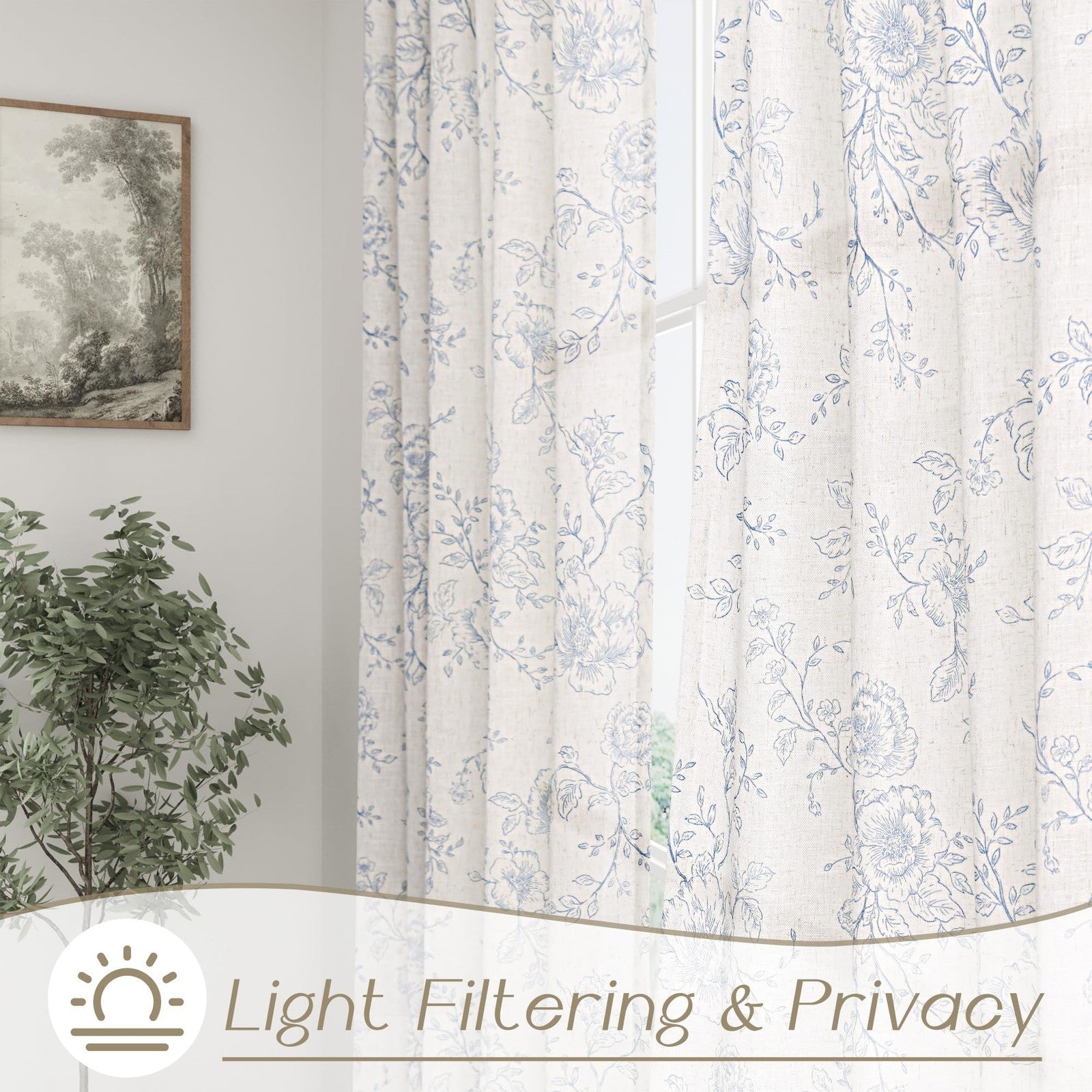 Blue floral curtains with back tab design, 63-inch length, light-filtering fabric for farmhouse living room decor by Meikelor