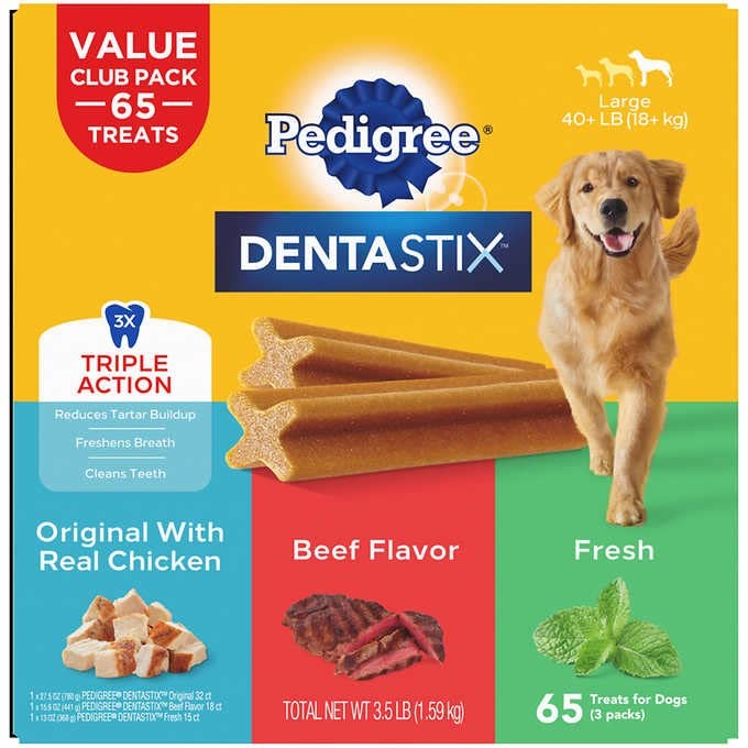 Pedigree Dentastix variety pack with three flavors for dogs, featuring 65 dental chews in a 3.5 lb bag.