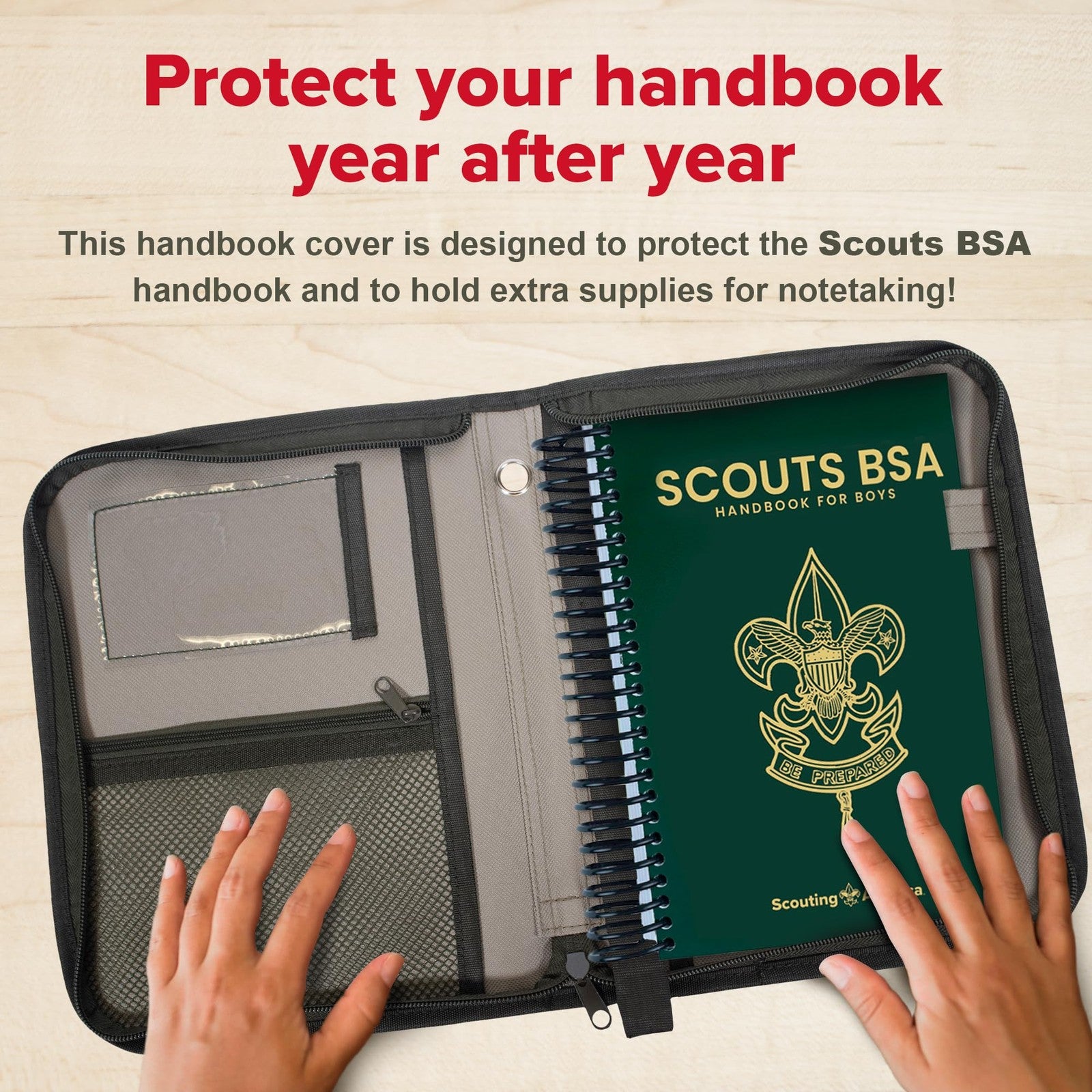 Large tan Boy Scouts of America Scouts BSA handbook cover with embossed emblem and rugged texture.