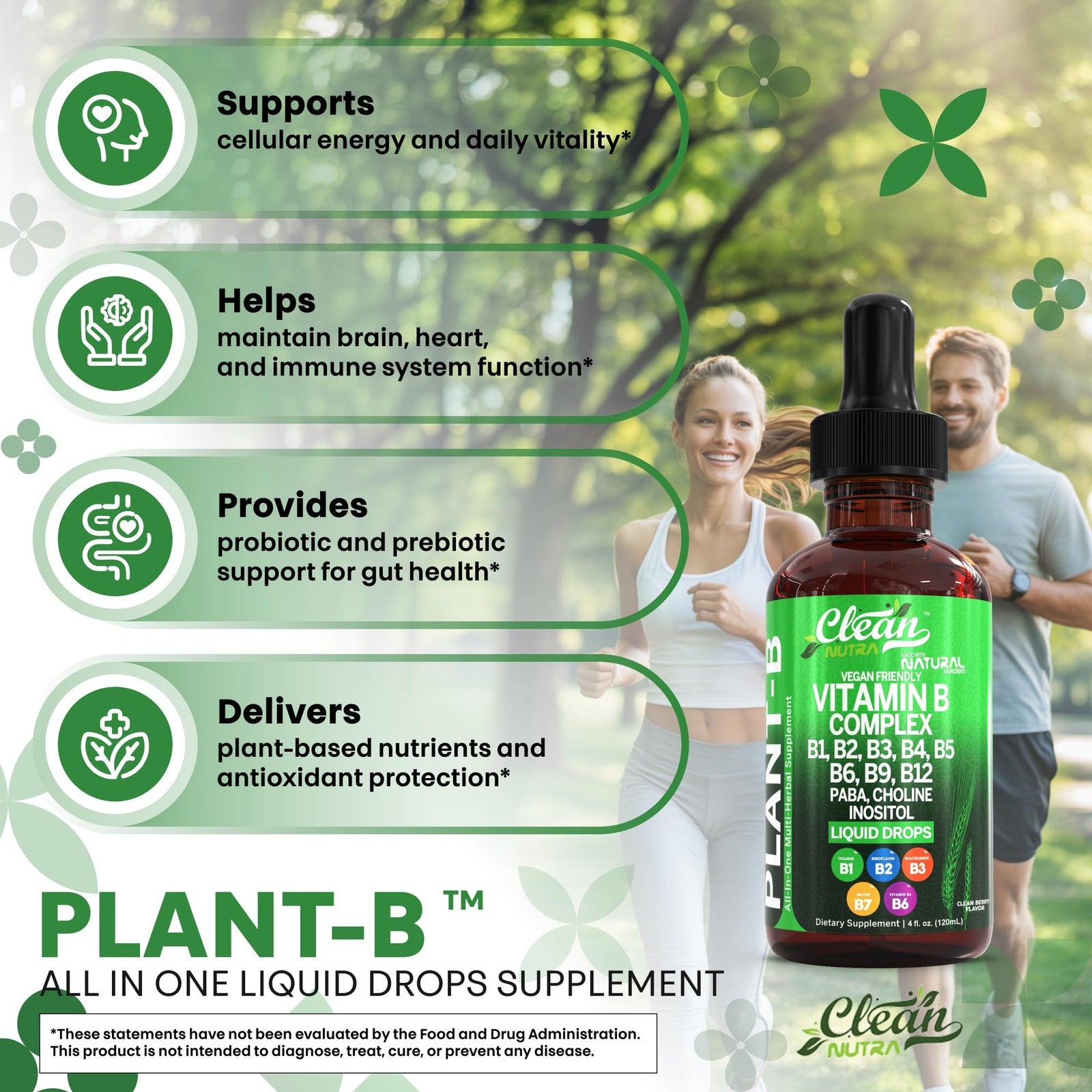Clean Nutraceuticals Vitamin B Complex Liquid Drops with Thiamine B1, B6, B2, B3, B5, B7, B9, B12 in a clear dropper bottle.