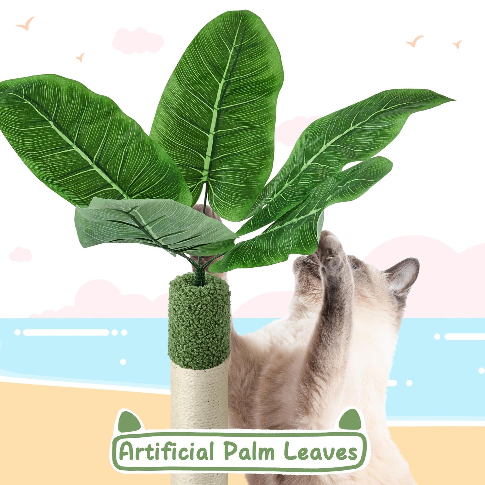 Green Yaheetech 59-inch cactus-themed cat tree with double-level condos and palm leaf design, ideal for climbing and resting.