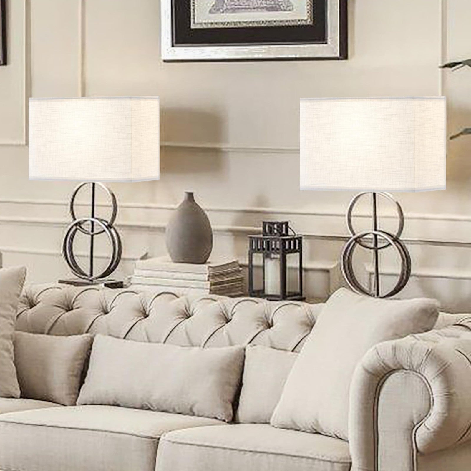 Set of 2 GO&SO white linen texture rectangle lamp shades, 8x9x14 inches, with spider fitting, showcasing fabric and shape.