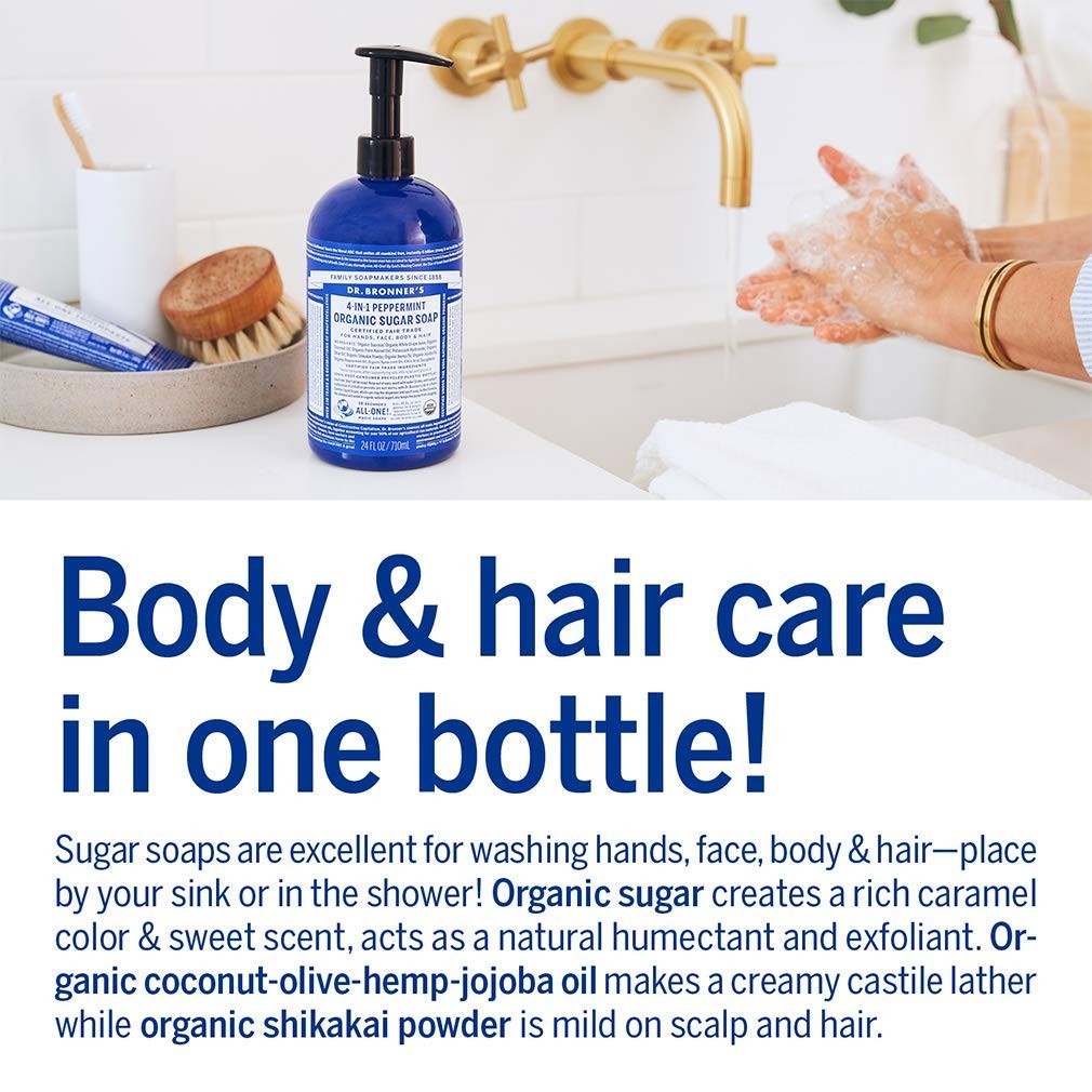 Assorted Dr. Bronner's Organic Sugar Soap bottles in lavender, peppermint, and tea scent, 12 oz variety pack, natural soap products