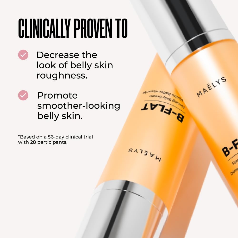 B-Flat Belly Firming Cream by Malys Cosmetics featuring a jar of stretch mark belly cream with a white lid and label.