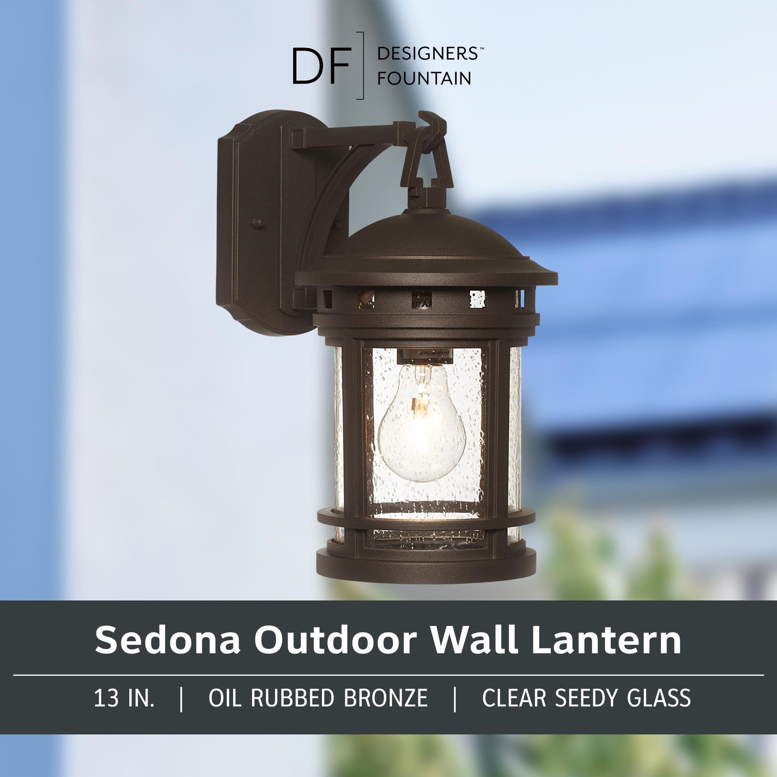 Sedona outdoor wall lantern by Designers Fountain, 13-inch exterior light fixture with classic metal design and glass panels.