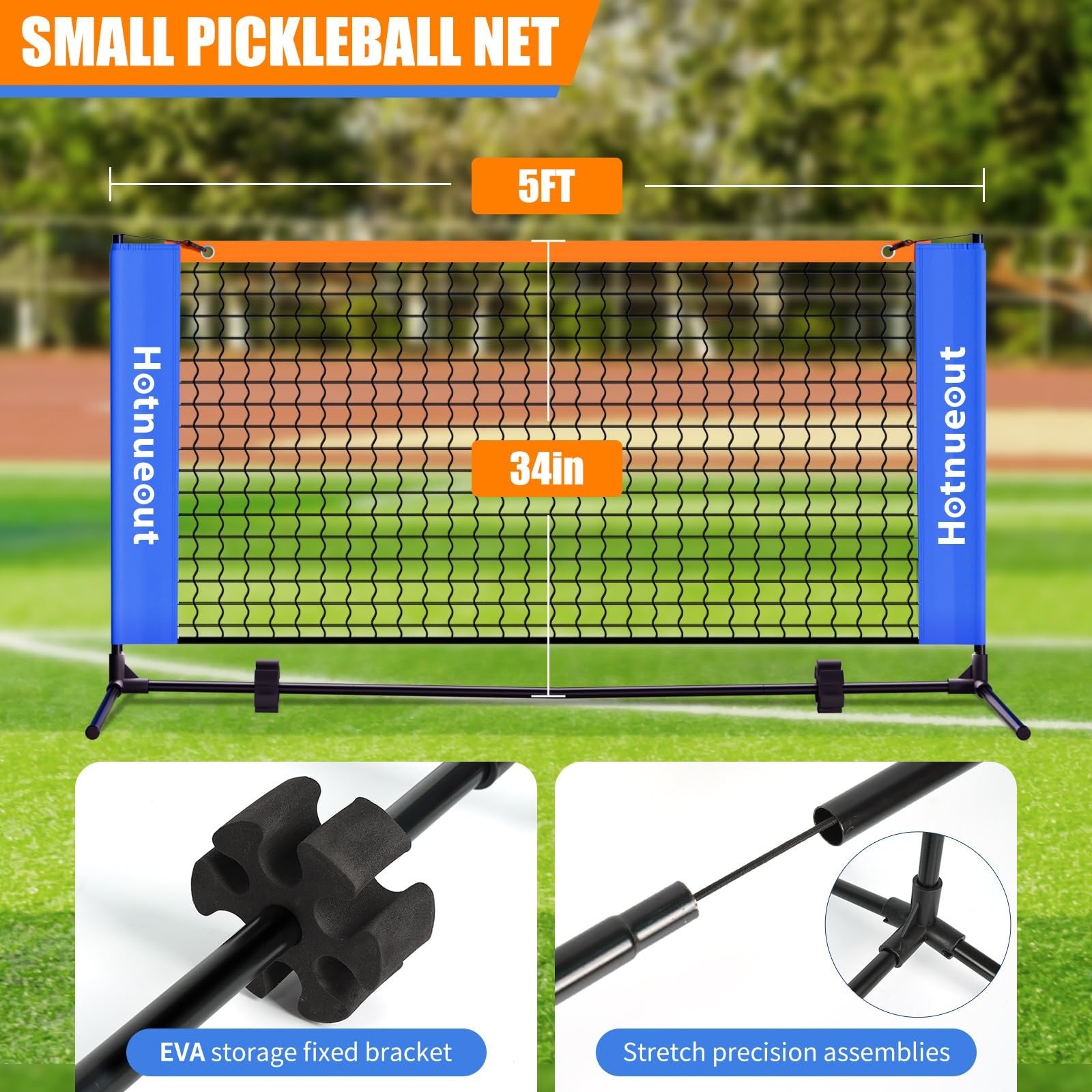 Portable 5FT Mini Pickleball Net by Hotnueout set up outdoors, ideal for driveway pickleball practice and casual games.