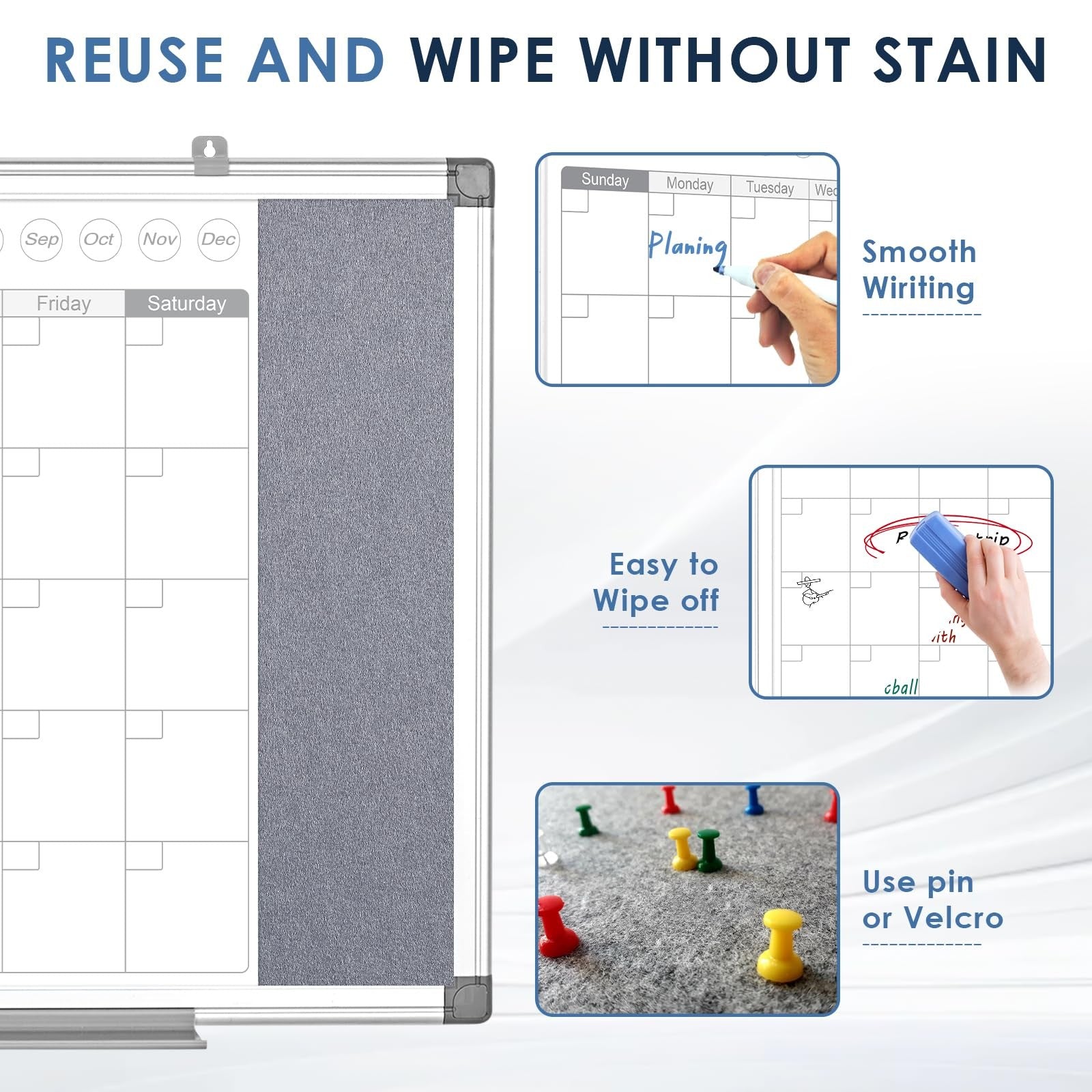 MAKELLO wall dry erase calendar 24x18 inches with whiteboard surface and grey felt border, ideal for scheduling and organization