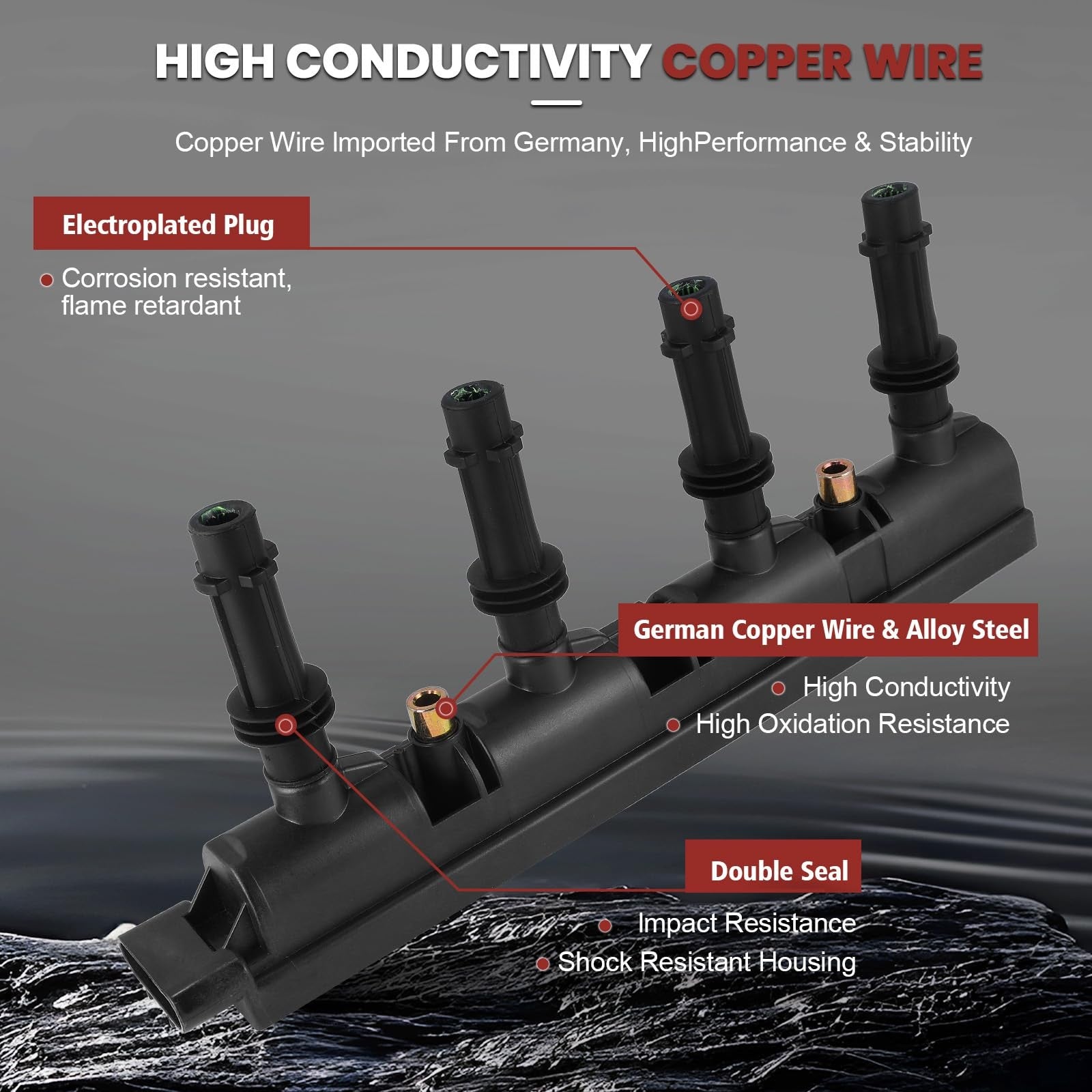 KacuYelin UF669 ignition coil pack and iridium spark plugs for Chevy vehicles, showing the ignition components and wiring.
