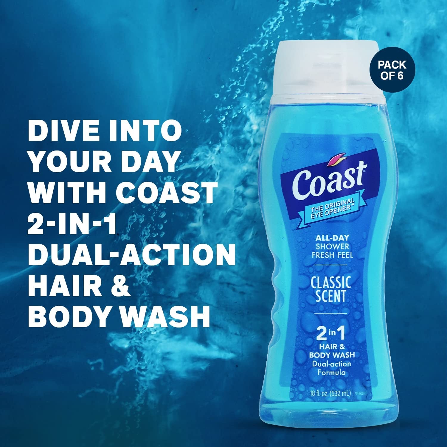 Coast 2-in-1 Hair and Body Wash for men with classic scent, featuring a bottle of men's shampoo and body wash.