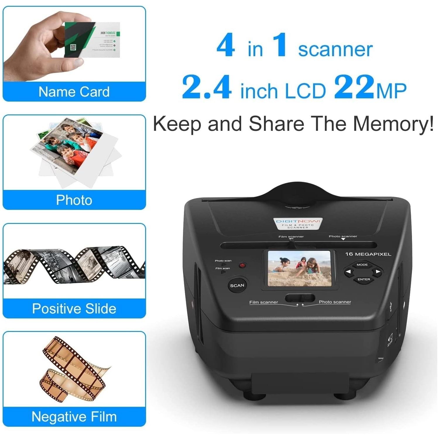 Unbranded Digitpro digital film photo scanner displaying 35mm slides and negatives with a user-friendly interface.