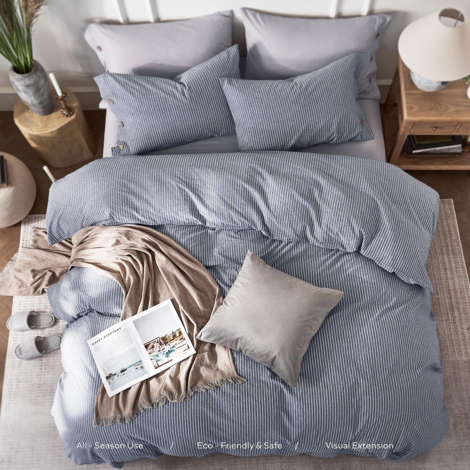Blue vertical pinstriped Jellymoni cotton king size duvet cover with a smooth, comfortable fabric and neatly stitched edges.