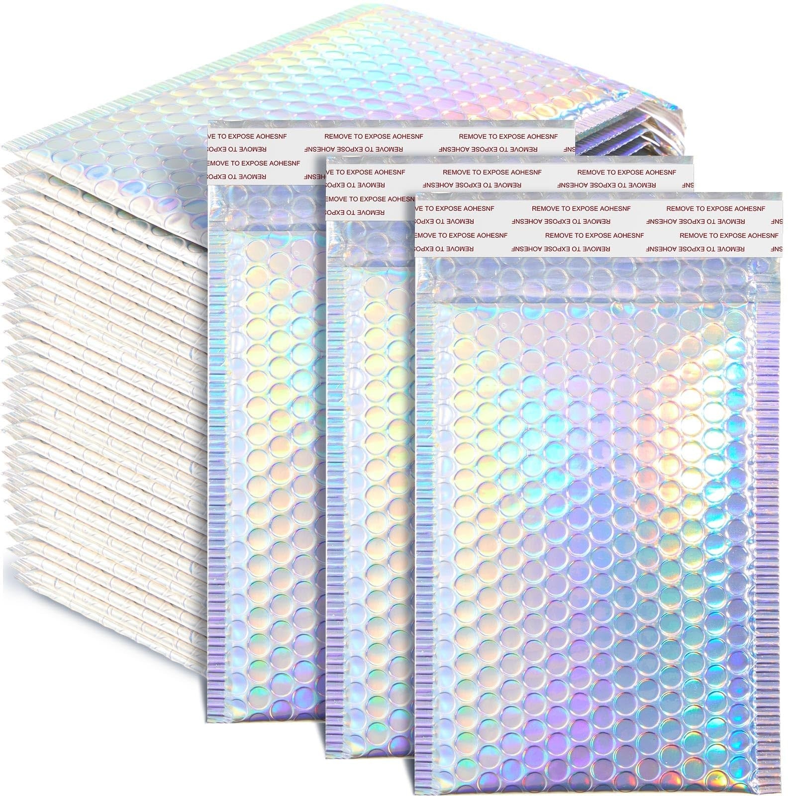 Henoyso holographic bubble mailers, 8x11.5 inch metallic bubble envelopes, 60-pack with shiny, reflective surface.