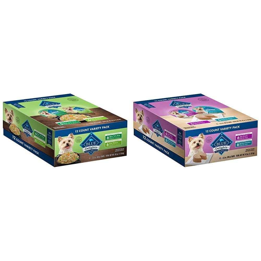 Blue Buffalo Delights small breed wet dog food cups in 3.5 oz, featuring natural ingredients and a blue and white packaging design.