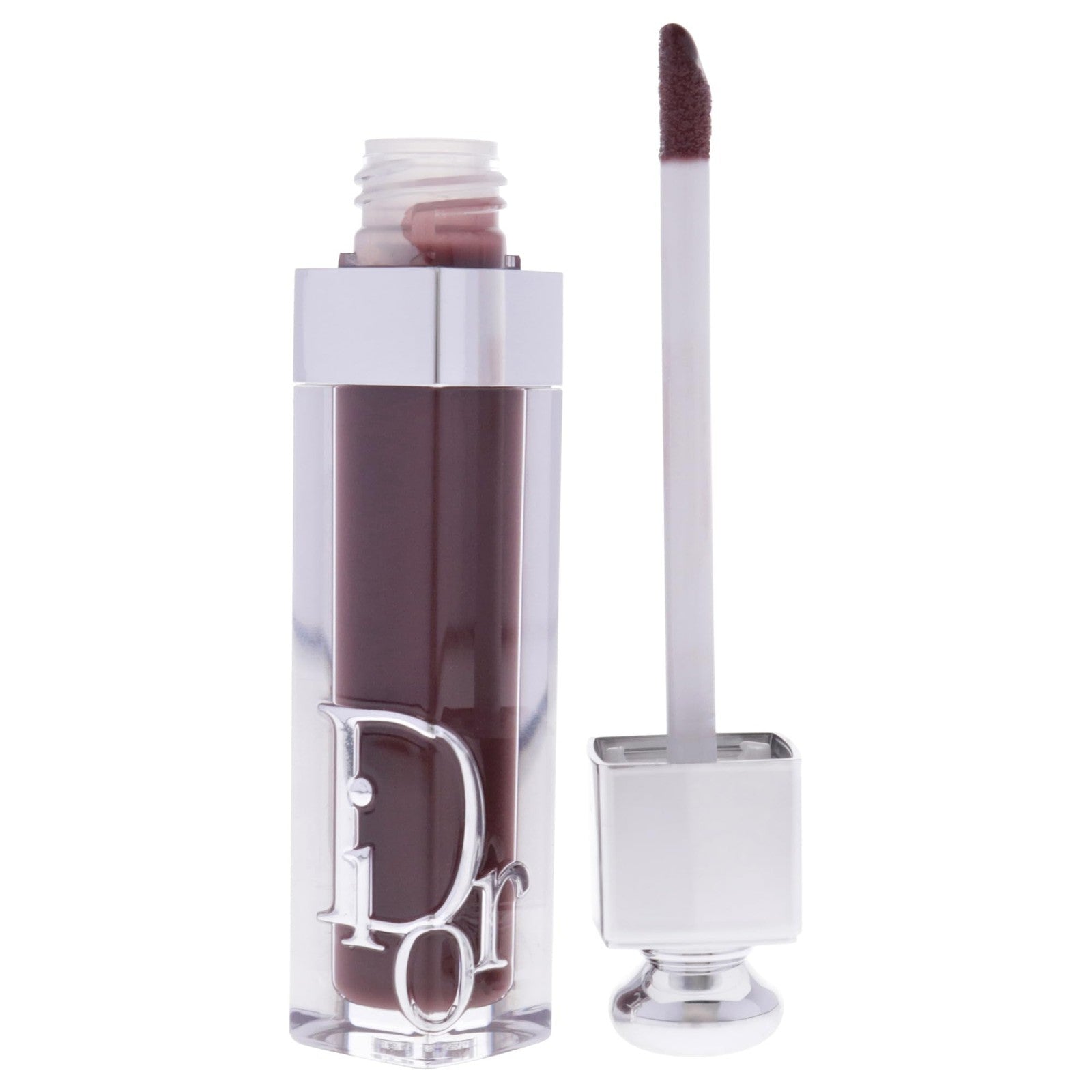 Dior Addict Lip Maximizer in shade 020 Mahogany, Christian Dior lipstick tube with clear packaging and silver accents.