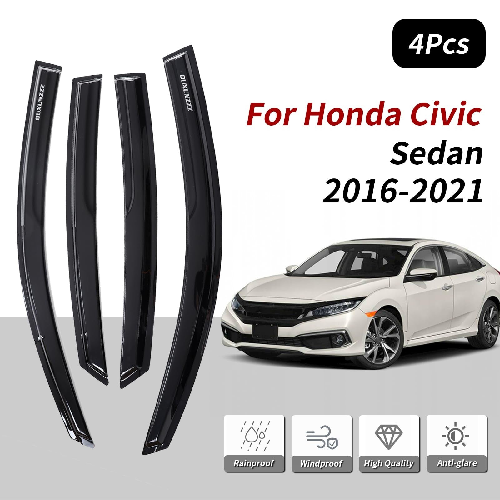Quxunzzz rain guards side window visors for Honda Civic 4-door, outside mount, set of 4, weather-resistant window vent covers.