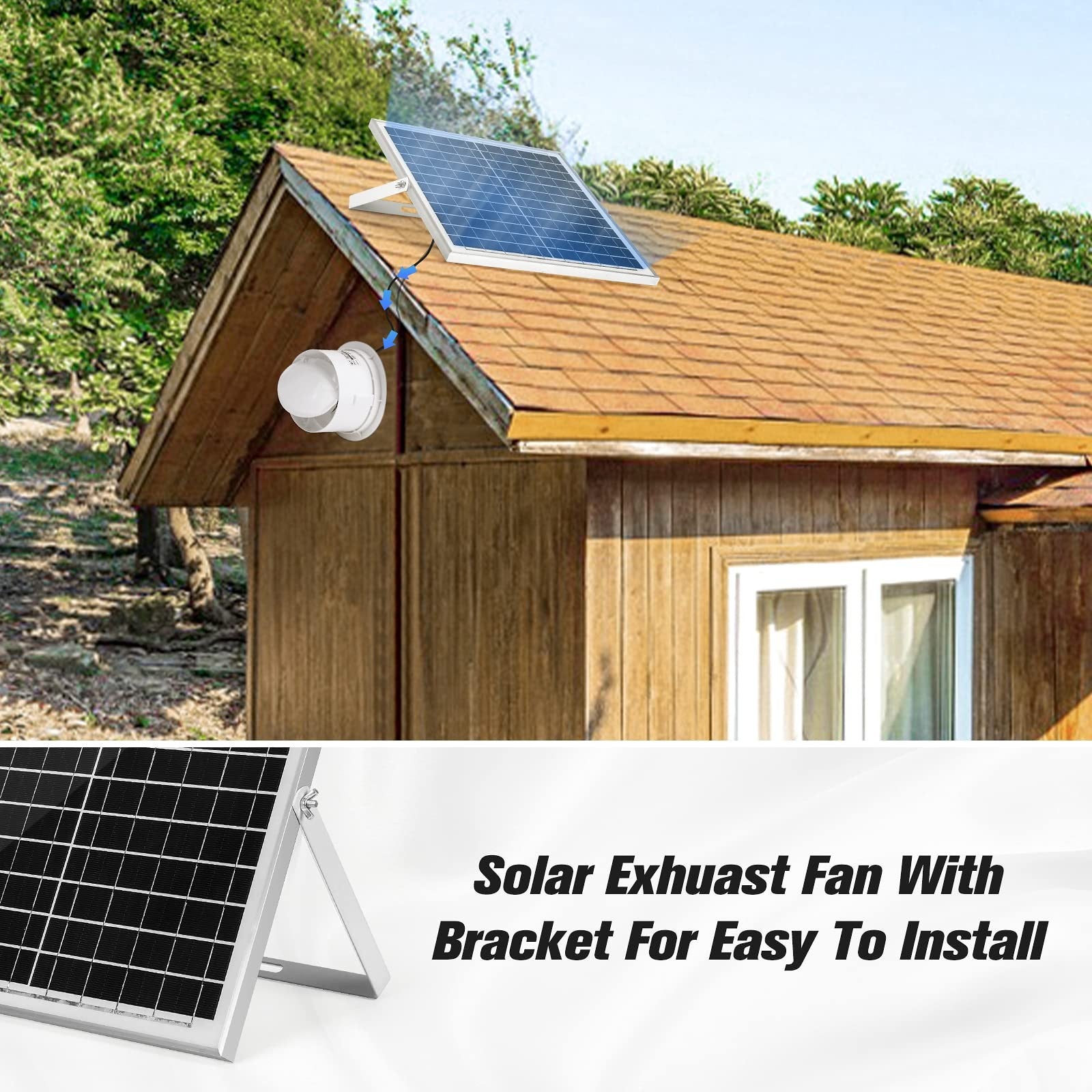 Blessny solar powered exhaust fan with 25W solar panel and 8 ventilation vents, designed for efficient airflow and energy savings.