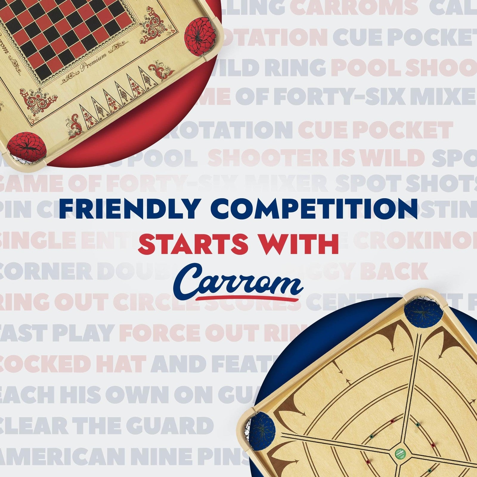 Carrom board game set with large wooden surface, striker, and coins for adults and children, ideal for family fun and indoor play