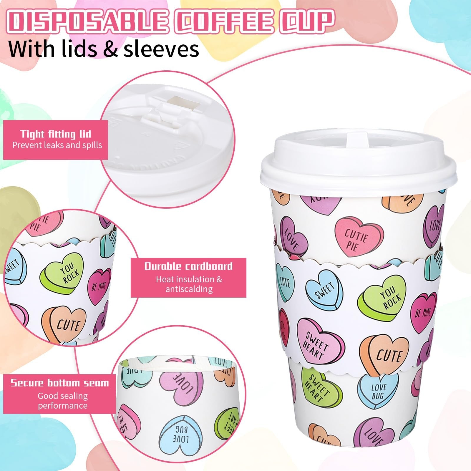 Whaline 50-pack colorful disposable coffee cups with lids and sleeves, ideal for Valentine's Day celebrations.