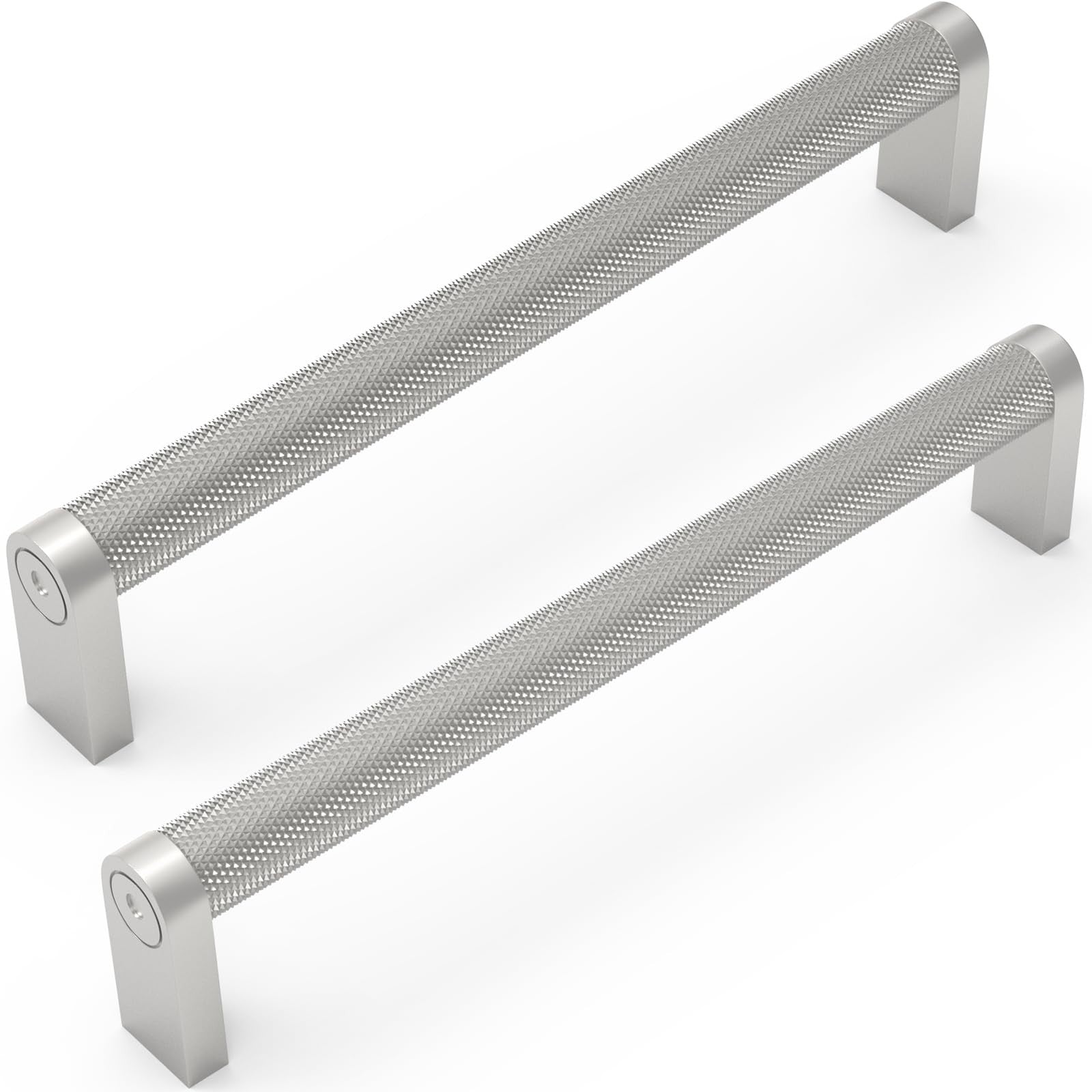Set of 10 KOMOTIA knurled brushed satin nickel cabinet pulls with 6-1/4 inch hole center for kitchen or bathroom cabinetry.