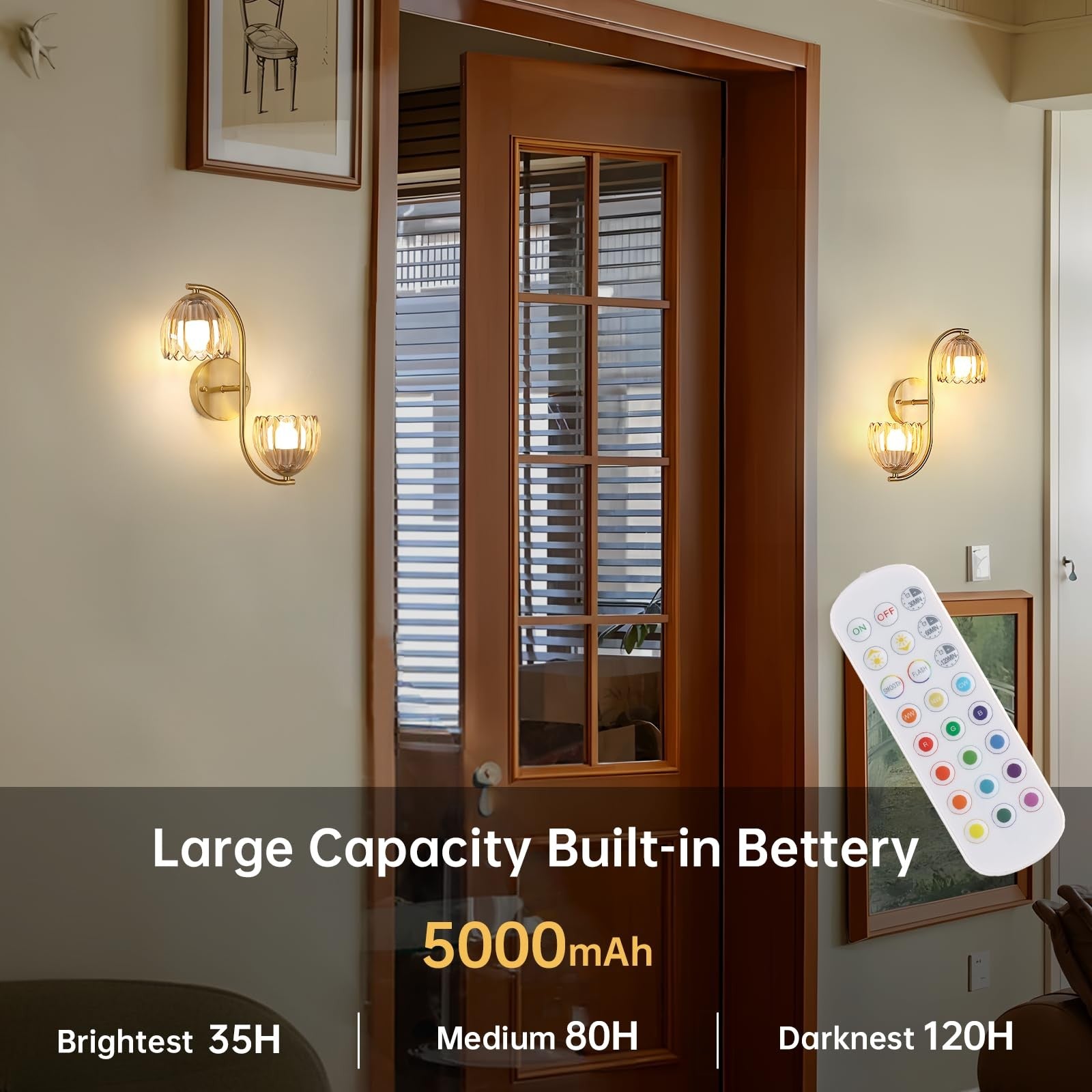 Battery operated wall sconce with two vintage brass lights, ideal for ambient lighting in modern or classic interior decor.