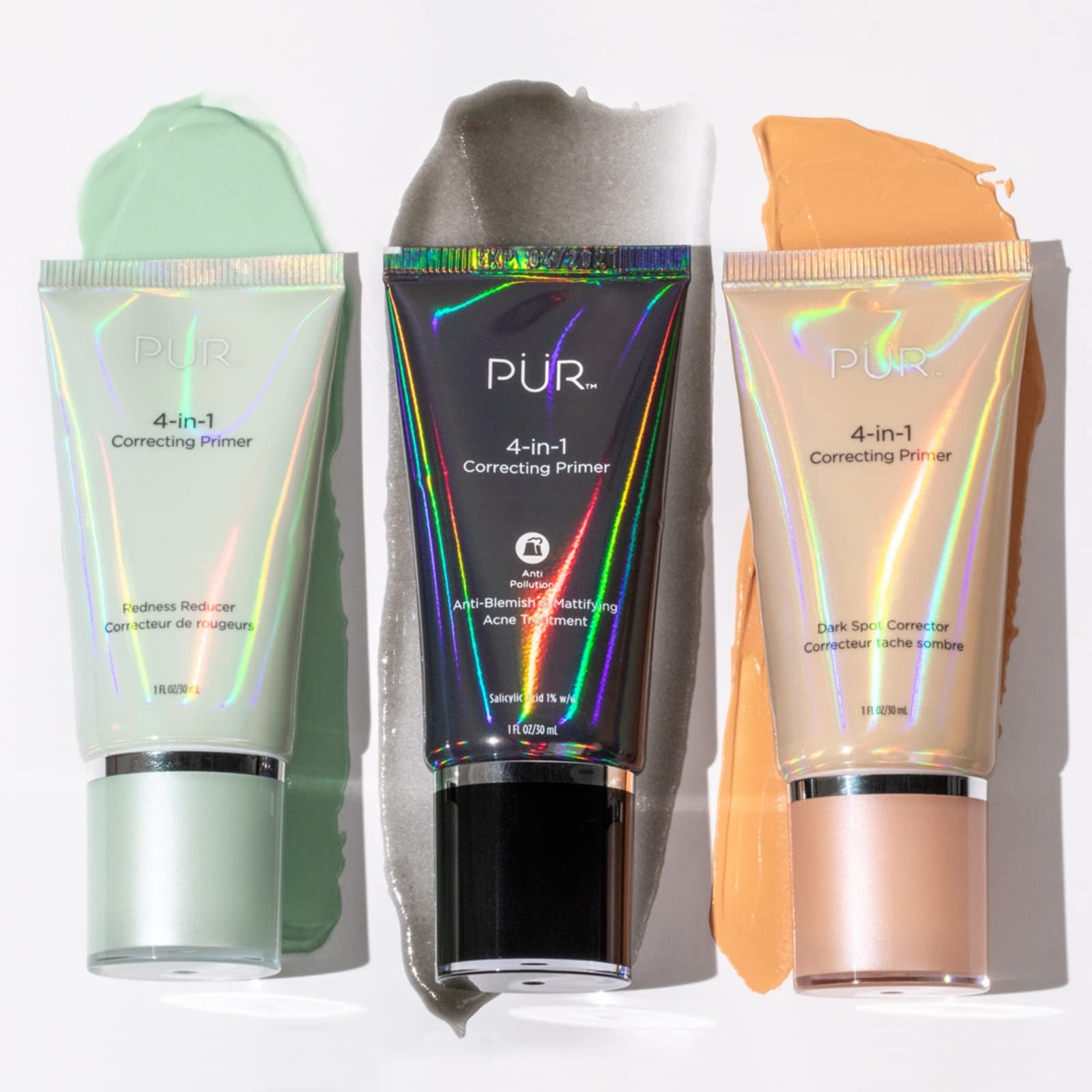 PÜR MINERALS 4-in-1 Correcting Primer for face, showing the primer tube with red and beige swatches on a neutral background.