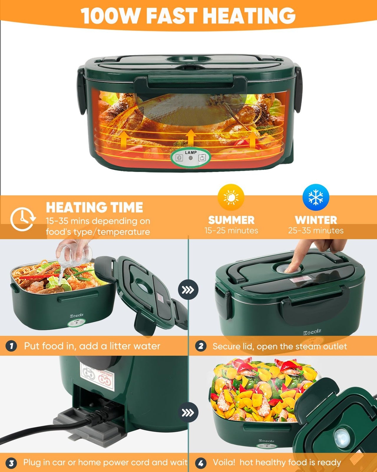 Eocolz electric lunch box food heater with 80W portable warmer for adults, showing the compact, portable design and heating tray.