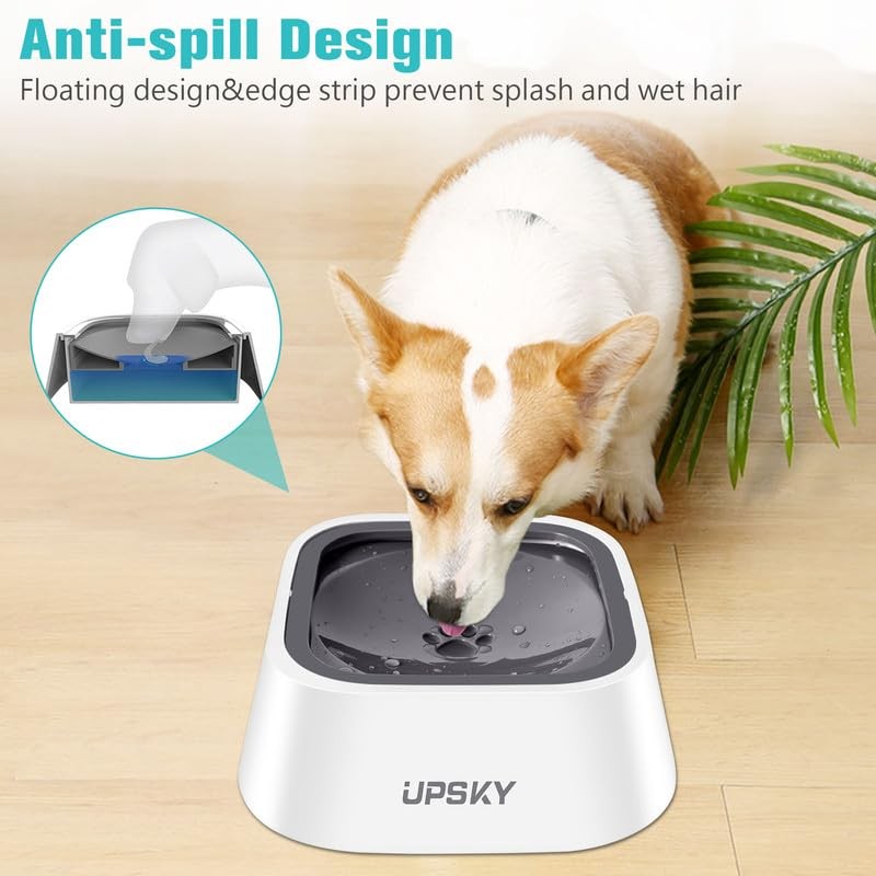 UPSKY No-Spill Pet Water Bowl Slow Feeder with no-slip base, 35oz capacity, designed to prevent spills and promote slow drinking for pets.