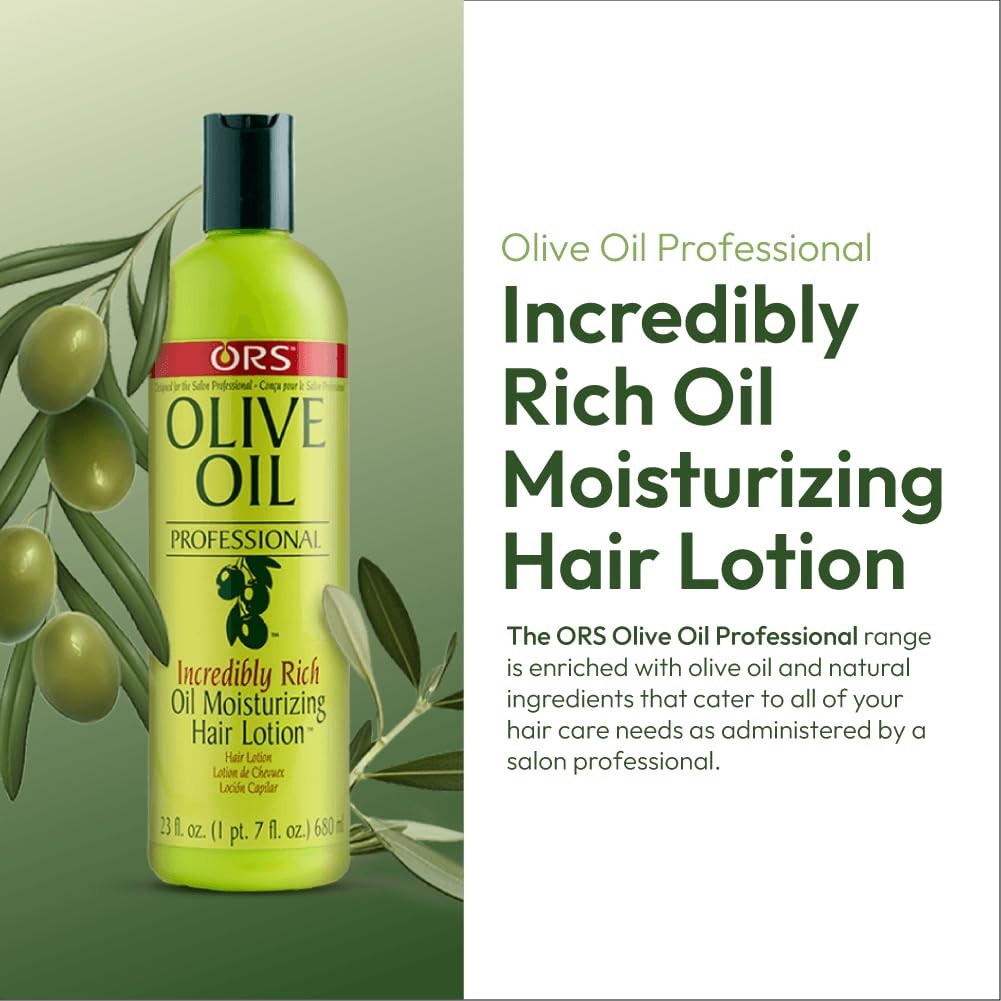 ORS Olive Oil Professional Incredibly Rich Oil Moisturizing Hair Lotion 23 oz bottle with pump dispenser and clear labeling