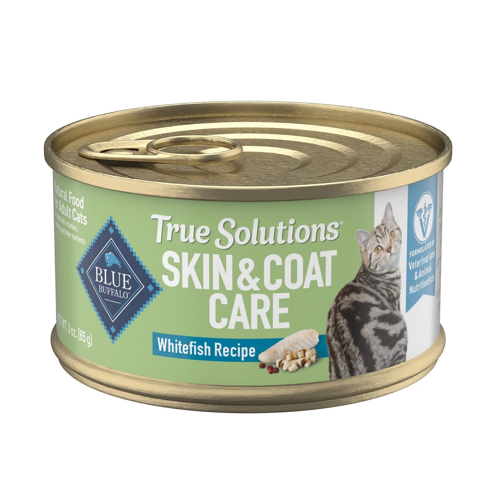 Blue Buffalo True Solutions Skin & Coat adult wet cat food with whitefish, showing a bowl of the nutritious cat food.