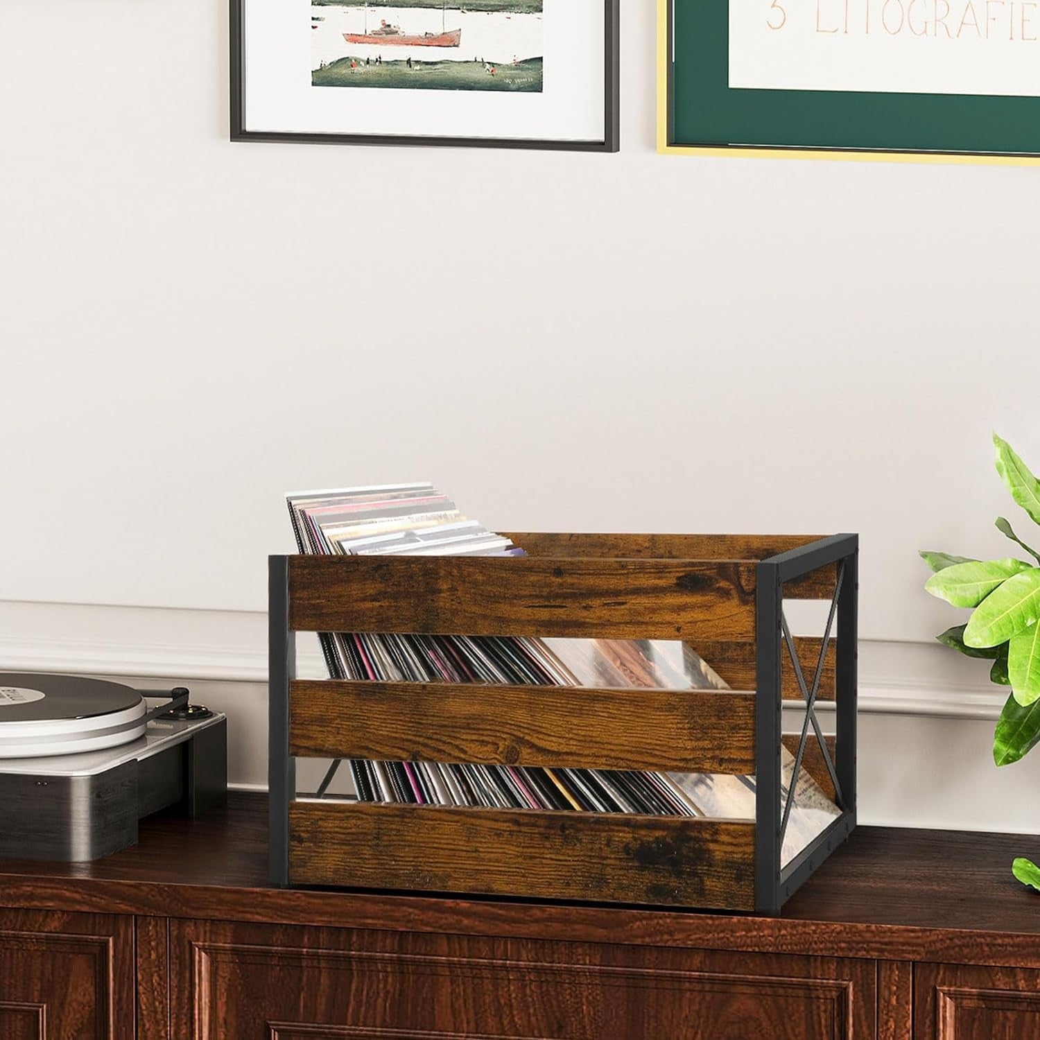 Large YINMIT vinyl record storage crate made of metal and wood, designed for storing LP records securely and stylishly.