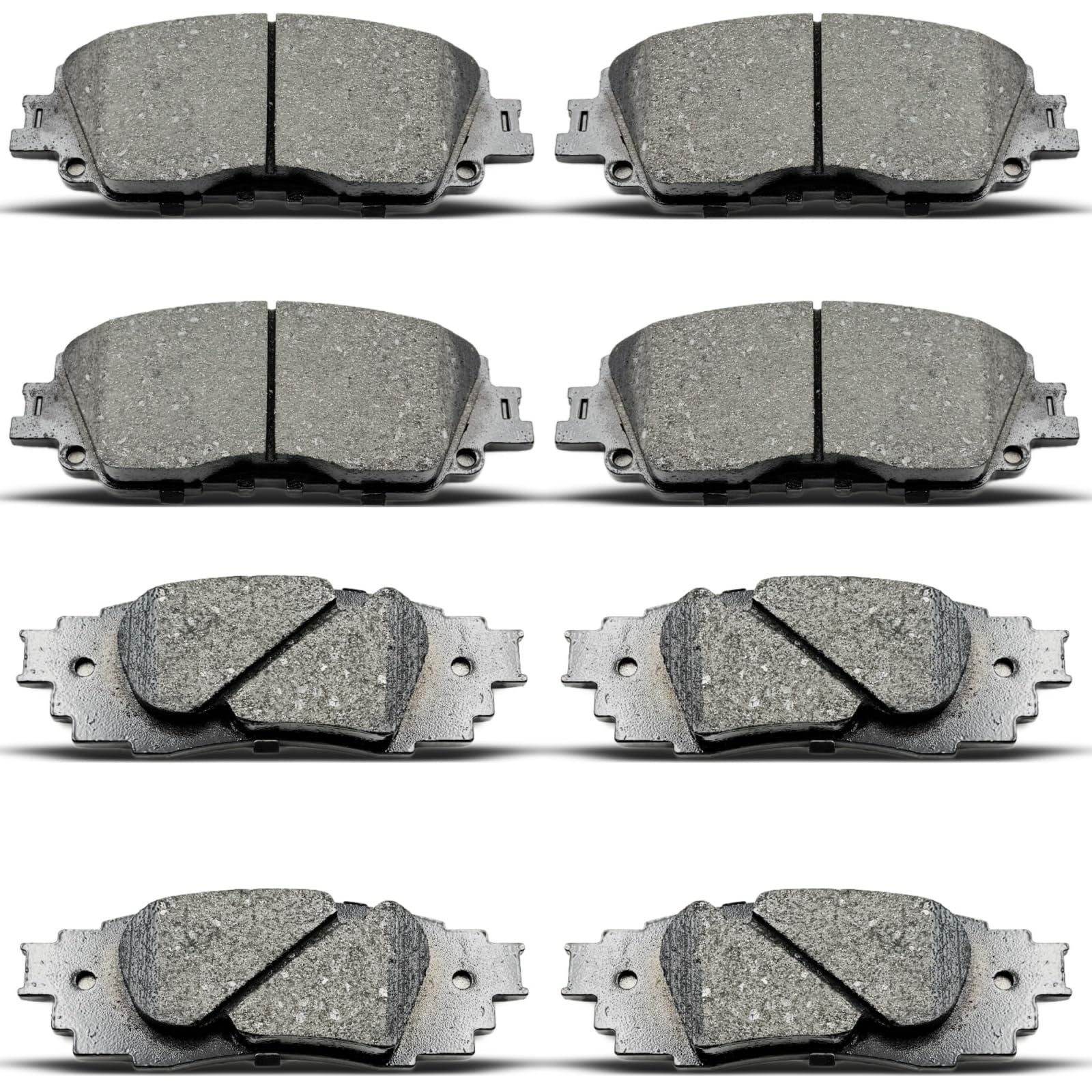 evkingauto ceramic disc brake pad set for front and rear of 2018-2022 Toyota vehicle, showing brake pads and mounting hardware.