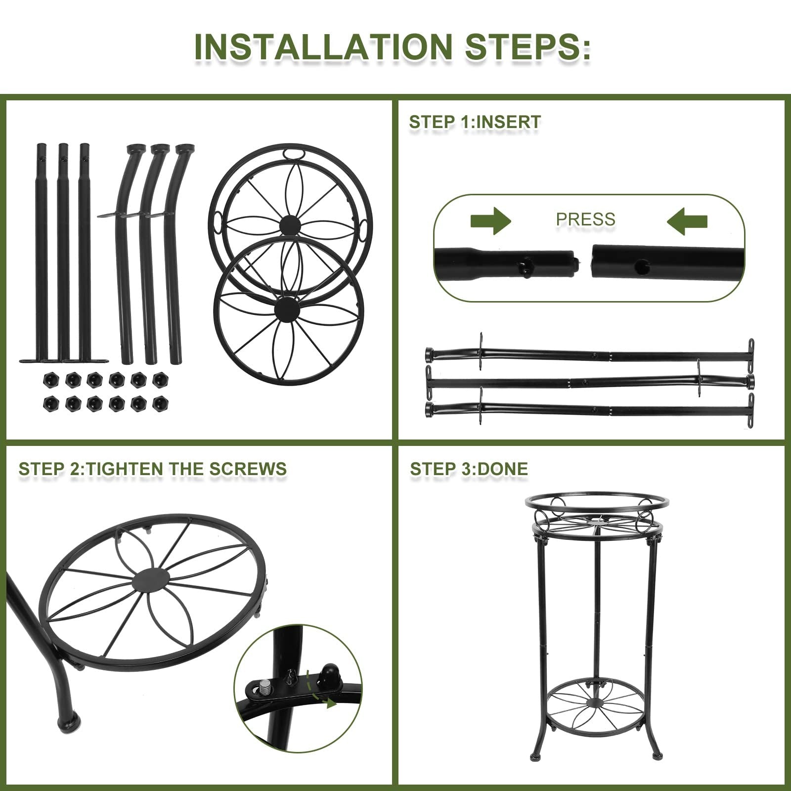 YHIJURS 2-pack metal plant stands, 20.3-inch tall, 2-tier indoor and outdoor plant holders with modern black finish.