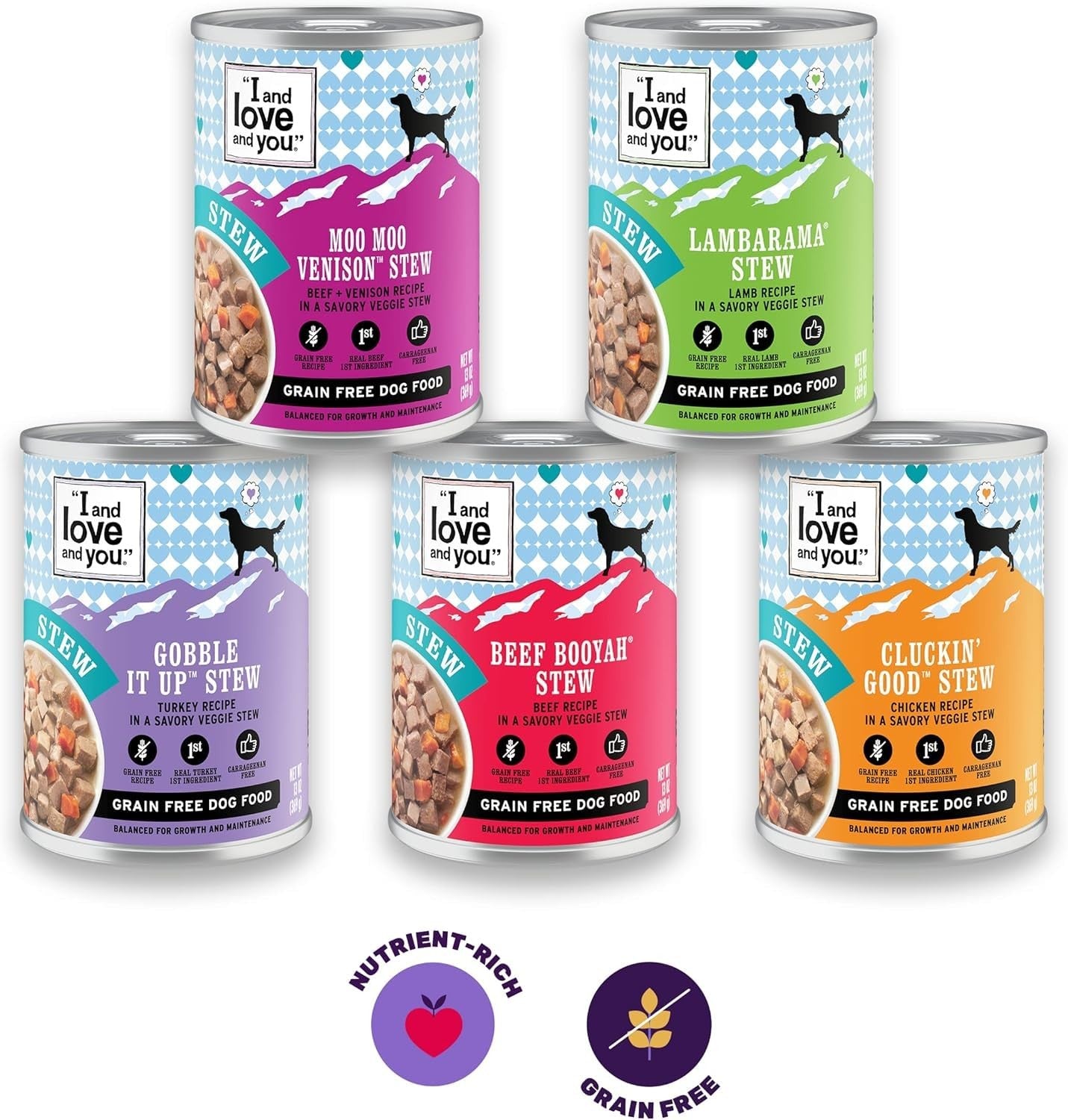 I AND LOVE AND YOU wet dog food bundle with Double Dog Deer Moo variety pack, showing cans of dog food with deer and milk-themed labels