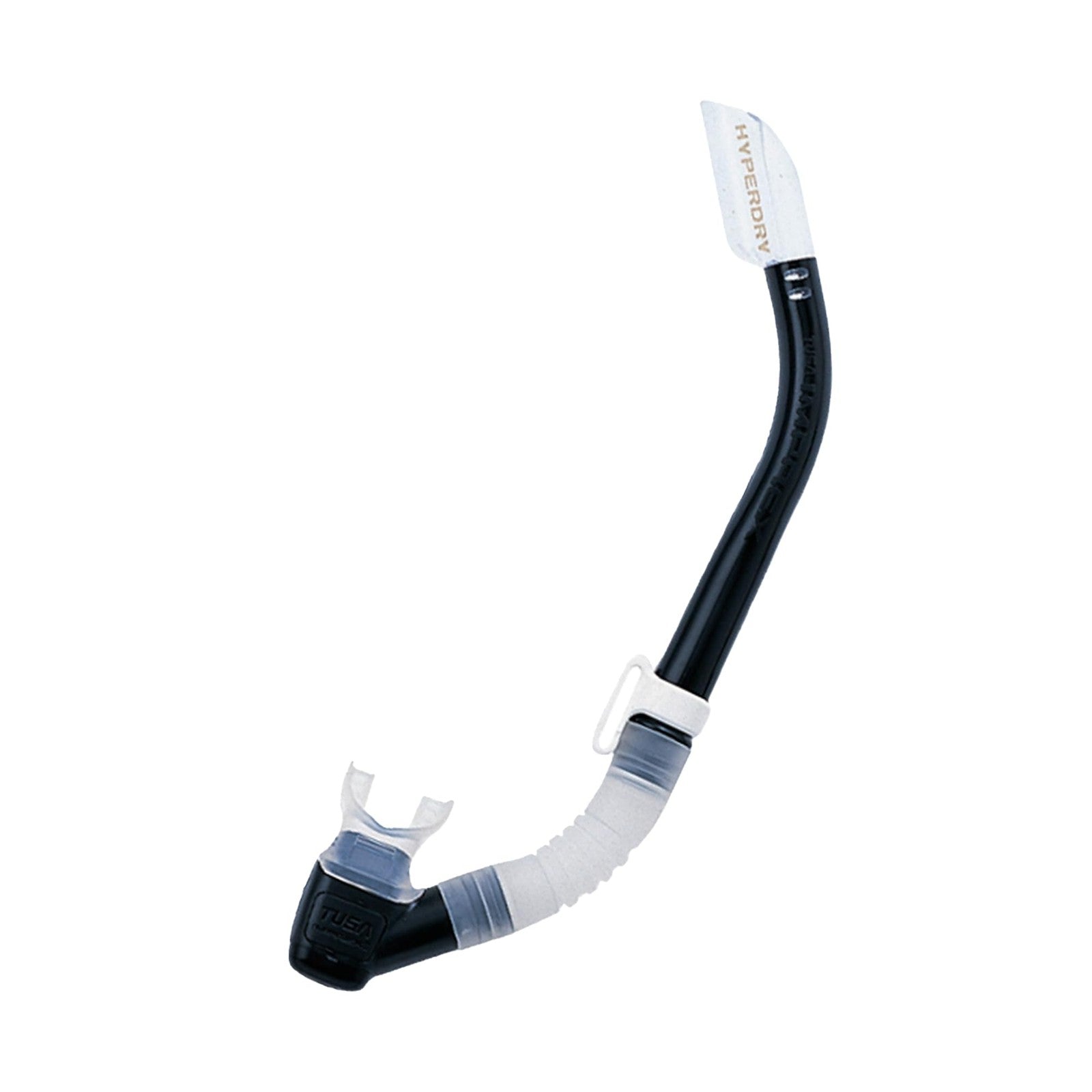TUSA SP-580 Imprex II Hyperdry scuba diving snorkel in black showing the flexible tube and mouthpiece design.