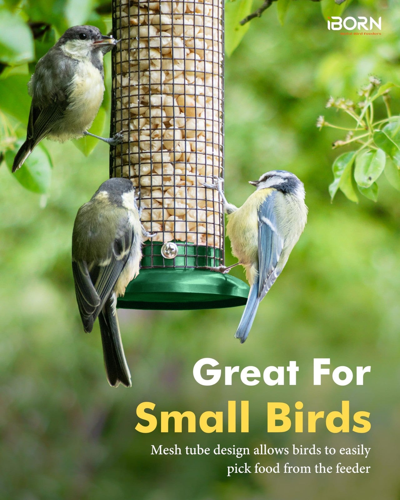 iBorn 14-inch metal mesh bird feeder for outdoors, featuring peanut and sunflower seed compartments for attracting wild birds.