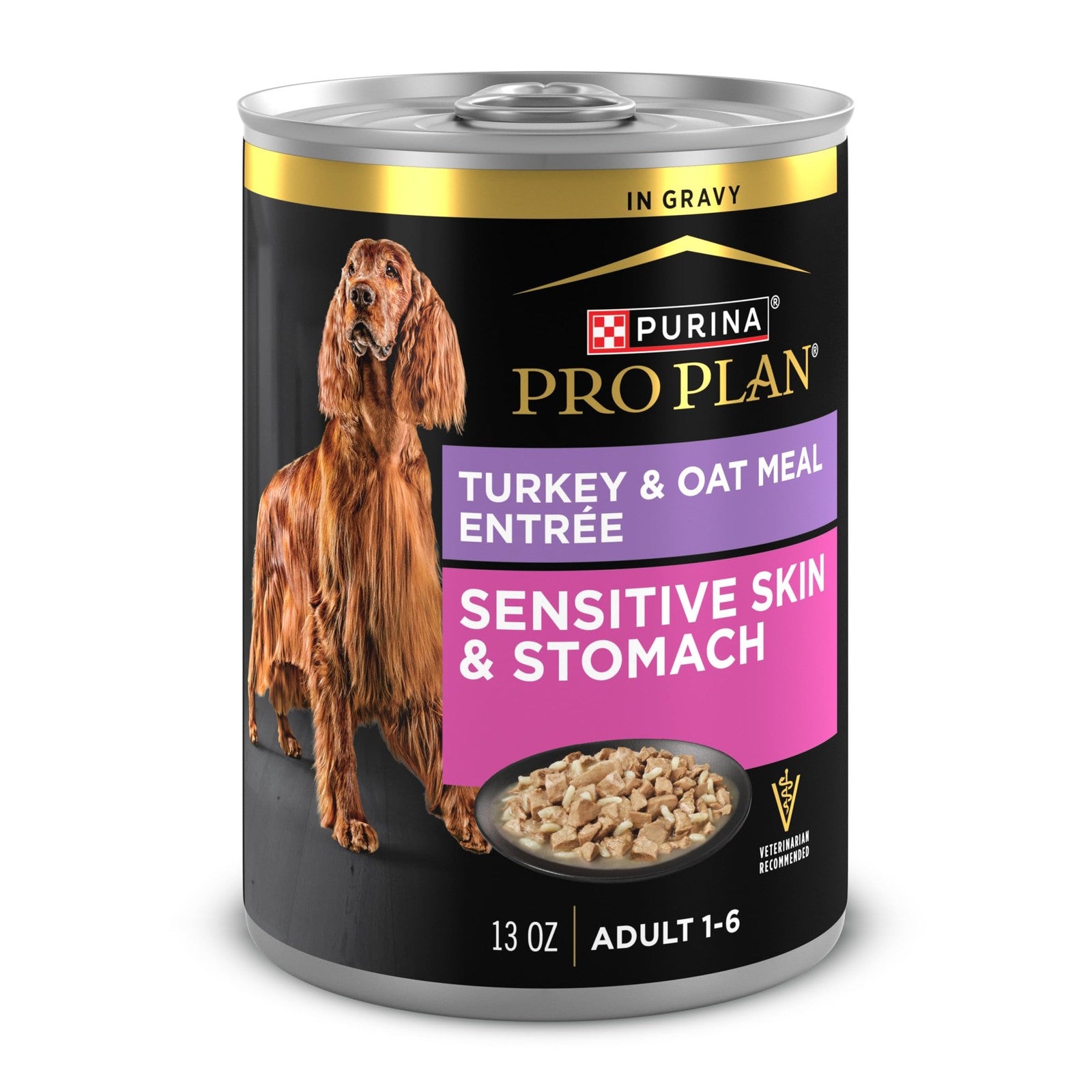 Canned Purina Pro Plan Sensitive Skin and Stomach Turkey and Oat Meal Entree in Gravy for cats, featuring the product label and can.