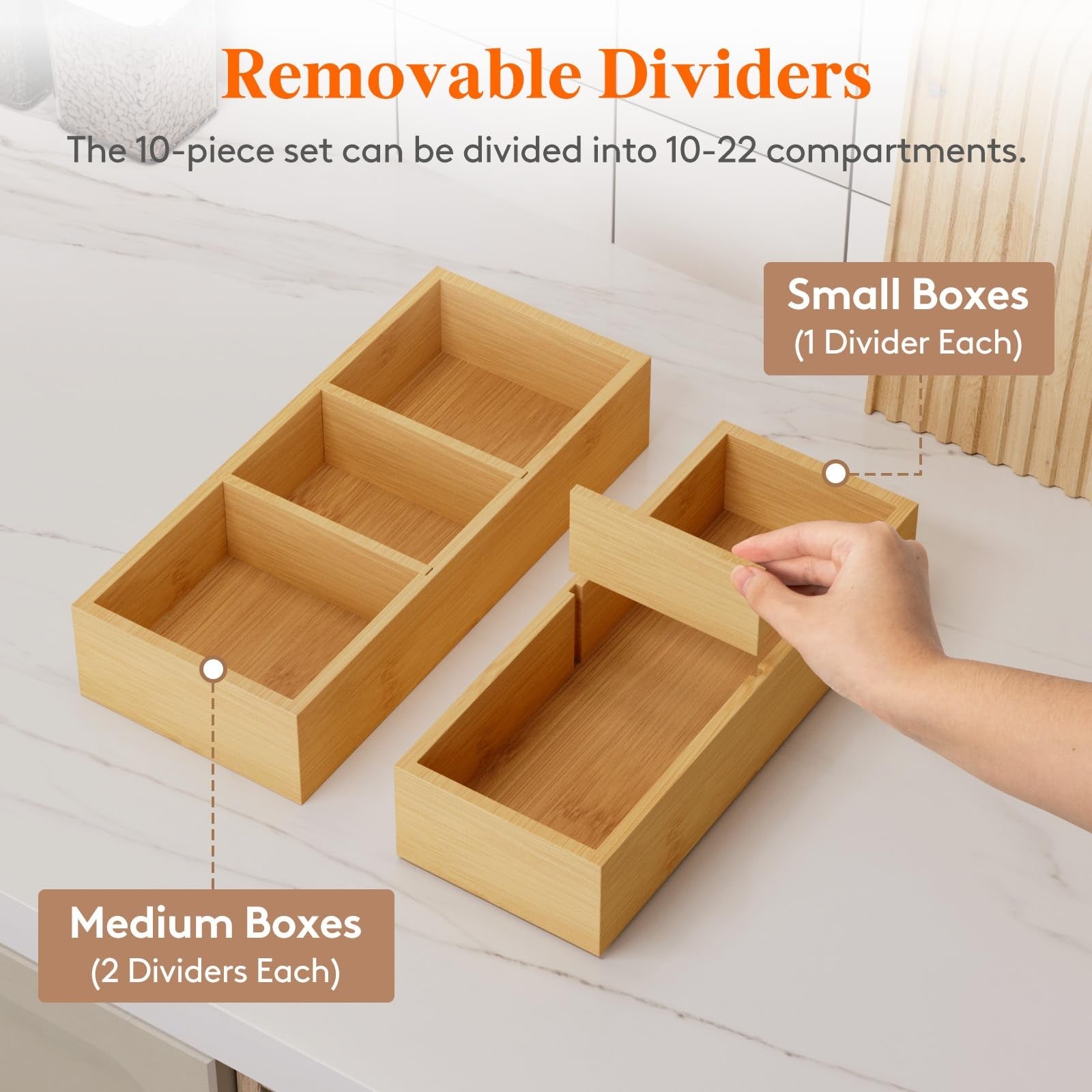 Lifewit drawer organizers 10-pack with 22-grid adjustable bamboo inserts for neat storage and organization in drawers.