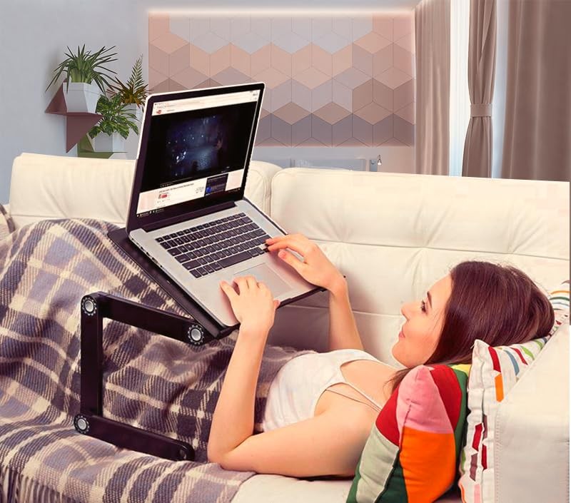 Uncaged Ergonomics WorkEZ adjustable laptop stand with a sleek design, showing a laptop at various heights for ergonomic desk setup.