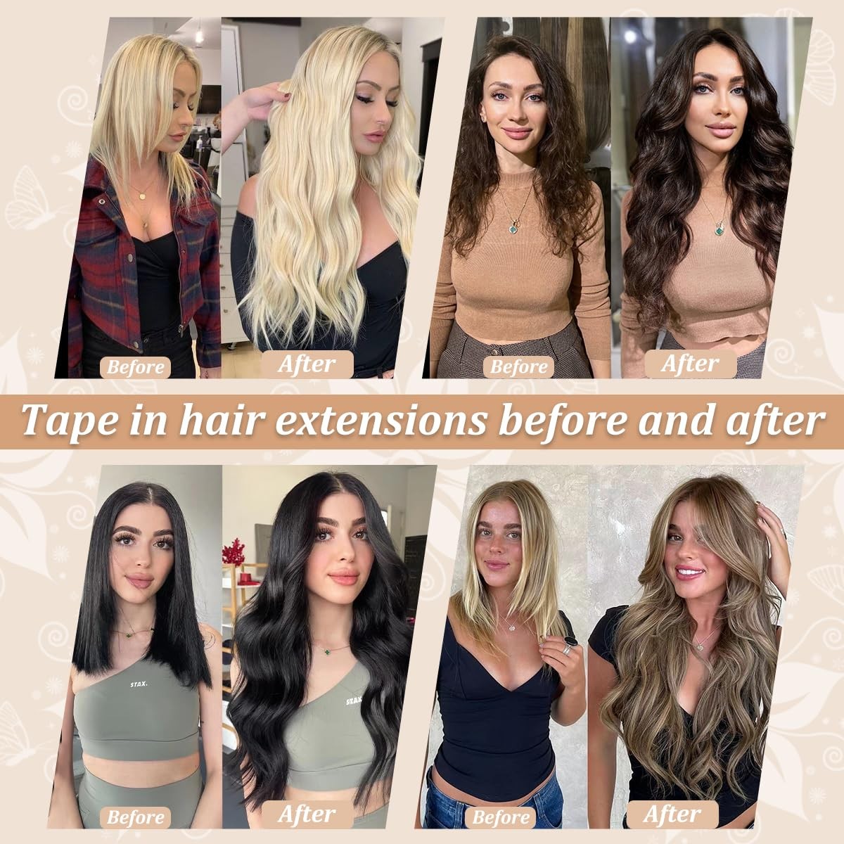 LAKASTATR 22-inch human hair tape-in extensions in shade #4 M, smooth seamless tape-in hair extensions displayed on a model.