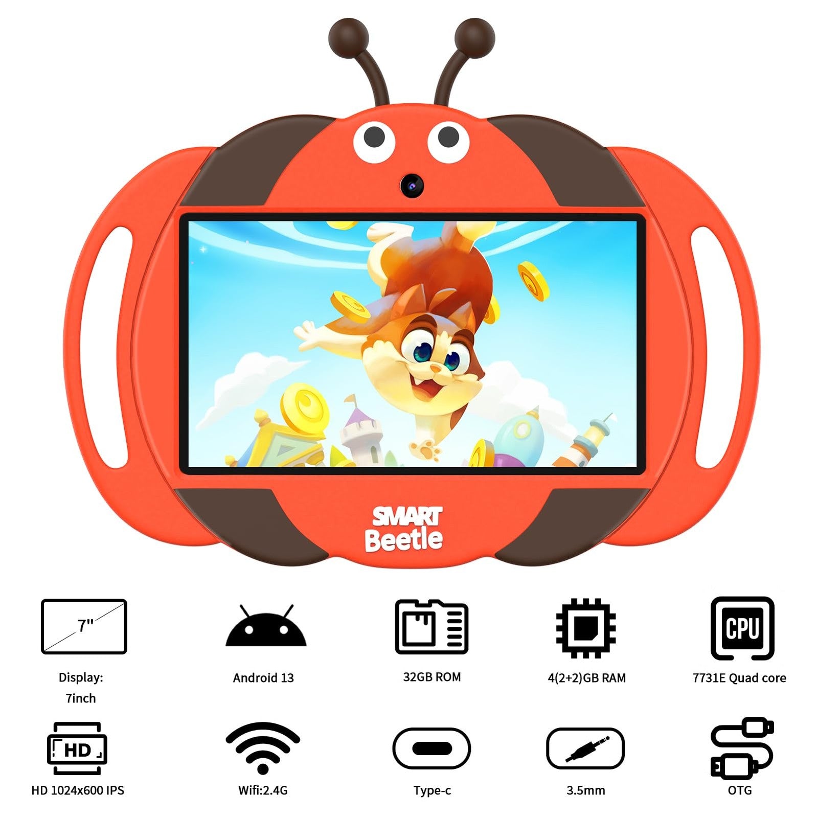 VOLENTEX Android 13 kids tablet with a 7-inch screen, designed for ages 3-12, featuring educational apps and colorful interface.