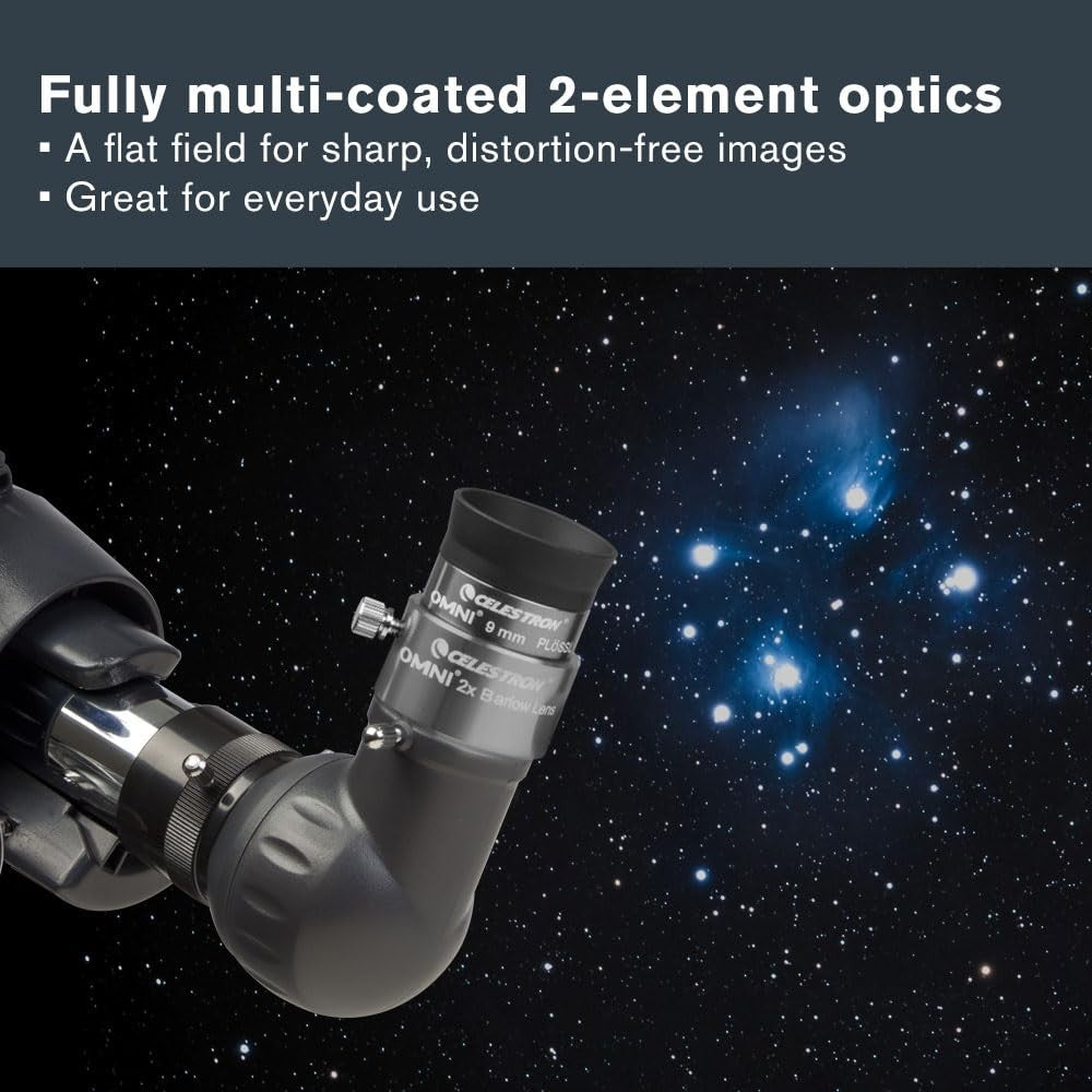 Celestron Omni Barlow Lens, 2x 1.25-inch, silver color, designed for telescope eyepieces, with a sleek metallic finish.