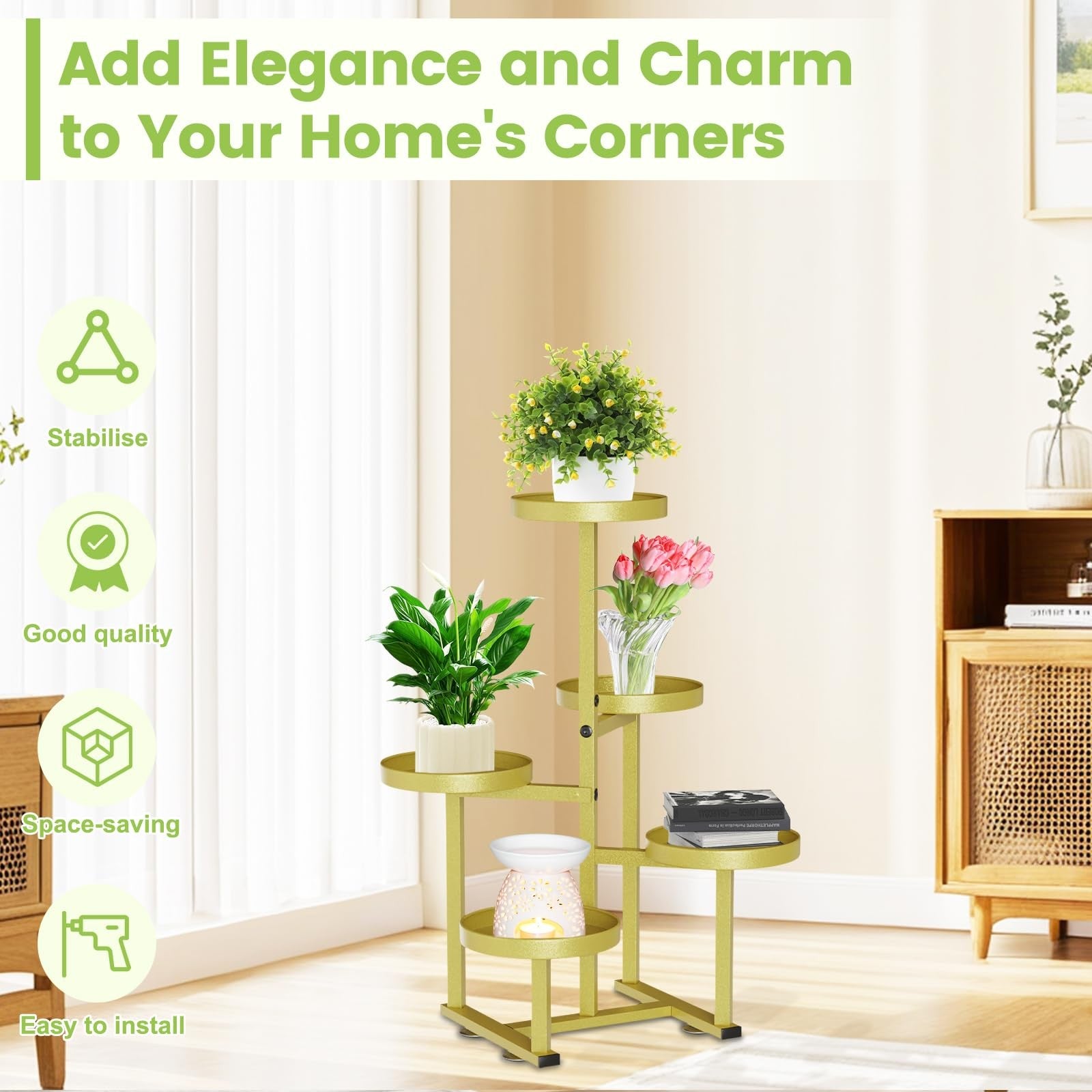 jysonii 5-tier gold metal plant stand with multiple shelves, suitable for indoor and outdoor corner display of potted plants