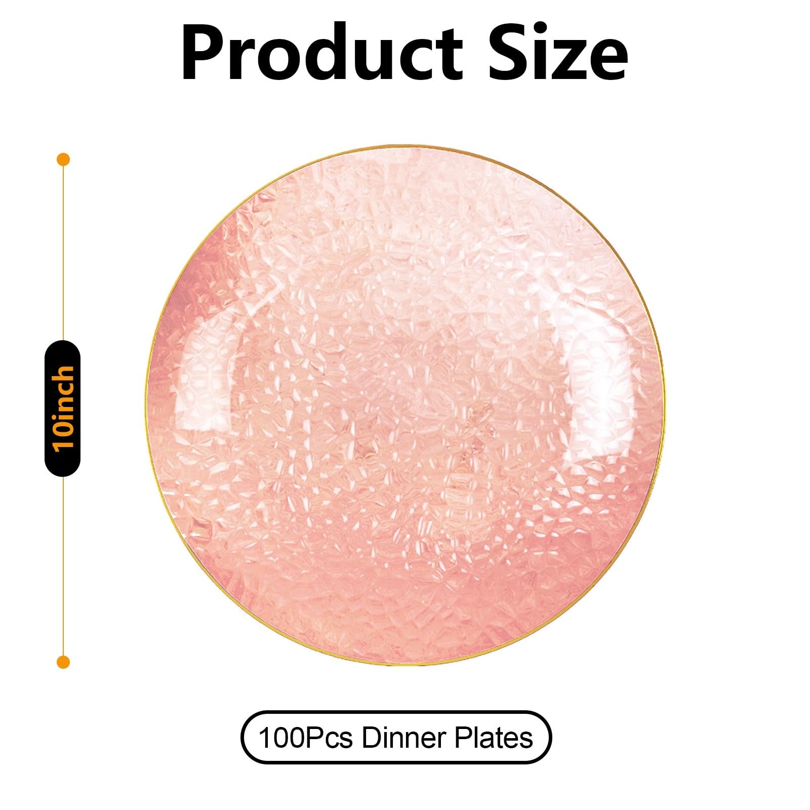 Set of 100 pink and gold plastic dinner plates by Rubtlamp, 10-inch clear pink and gold disposable plates for parties