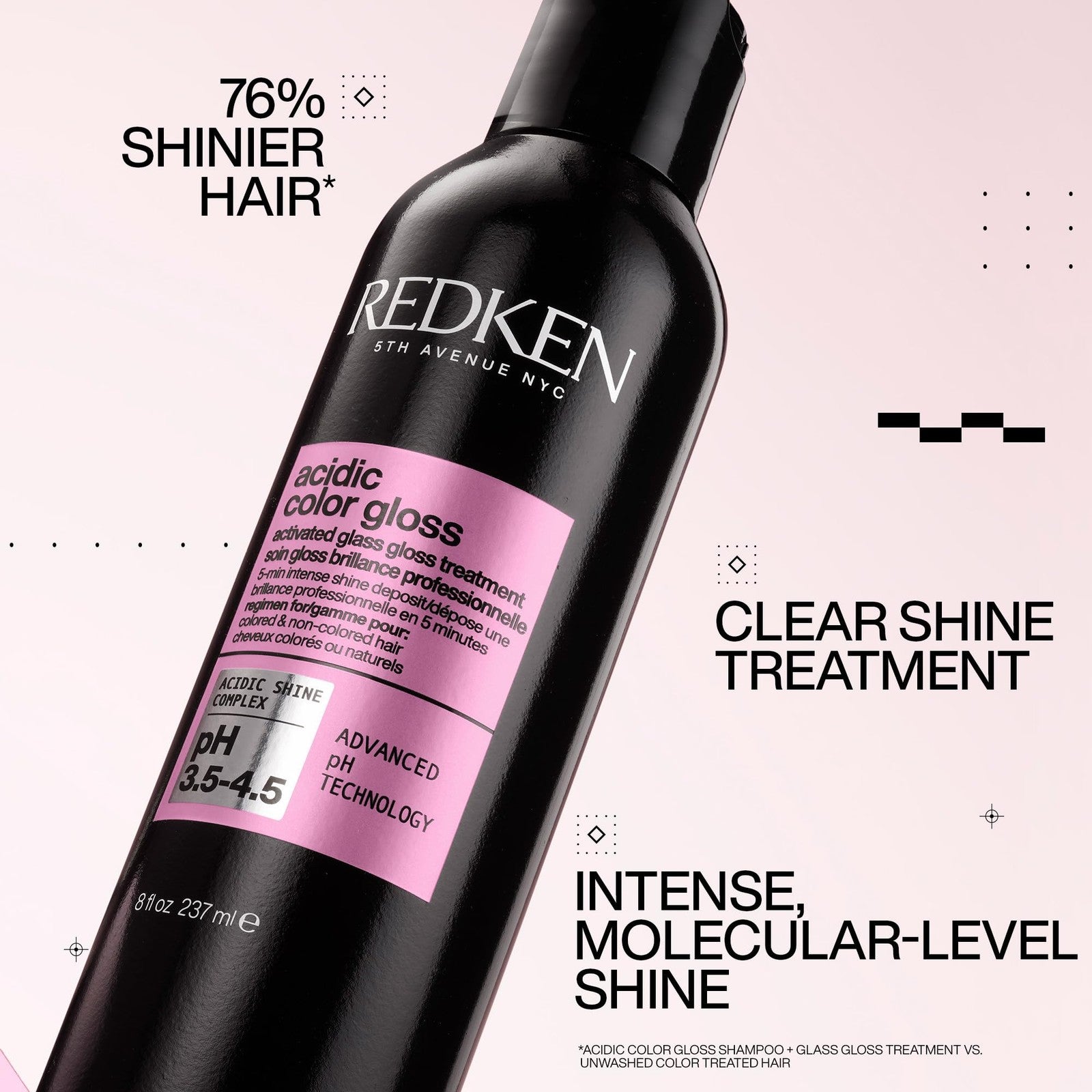Redken Acidic Color Gloss treatment for color-treated hair, showing the glossy glass bottle and product label.