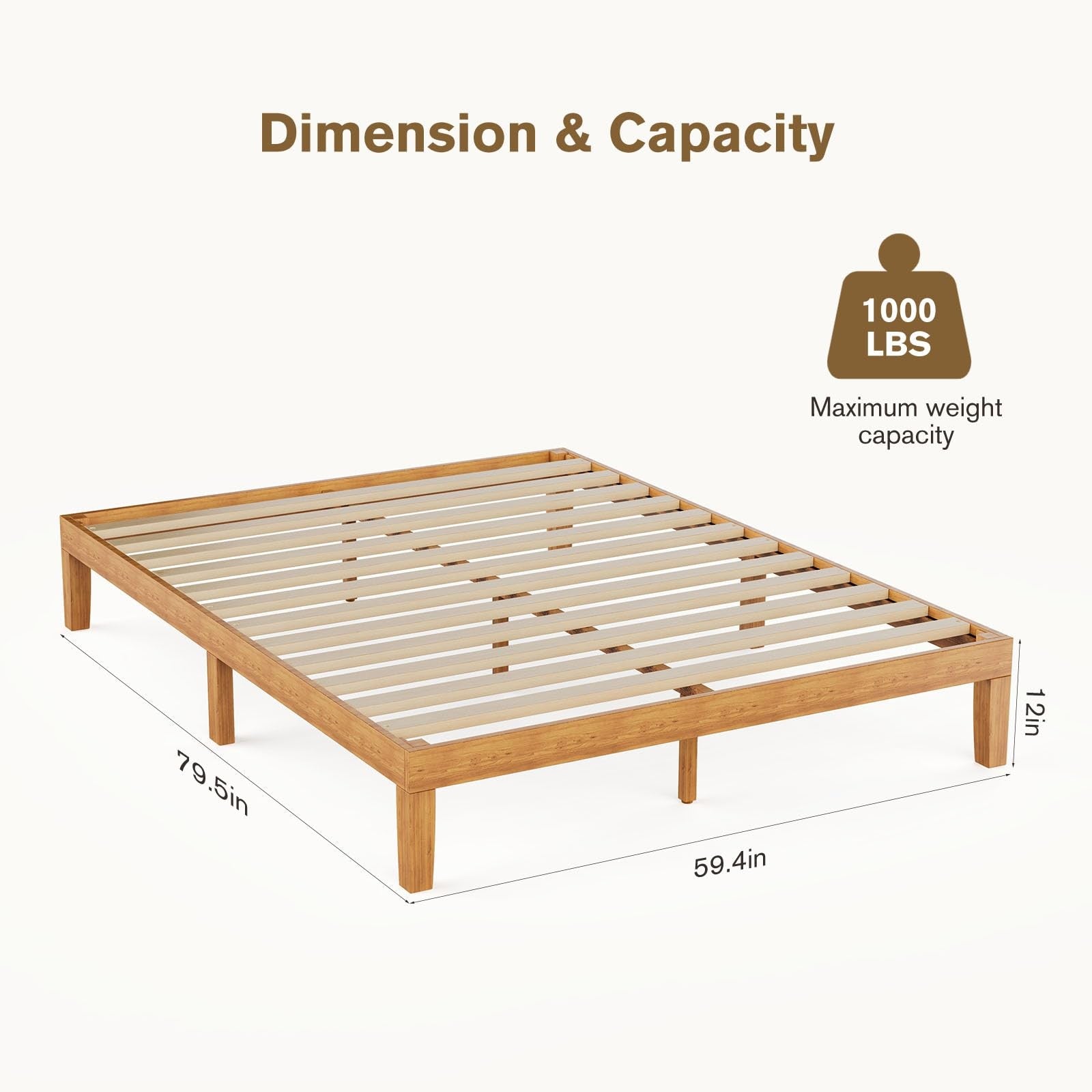 Sweetcrispy queen size solid wood bed frame with slat support and sturdy construction, showcasing the natural wood finish and design.