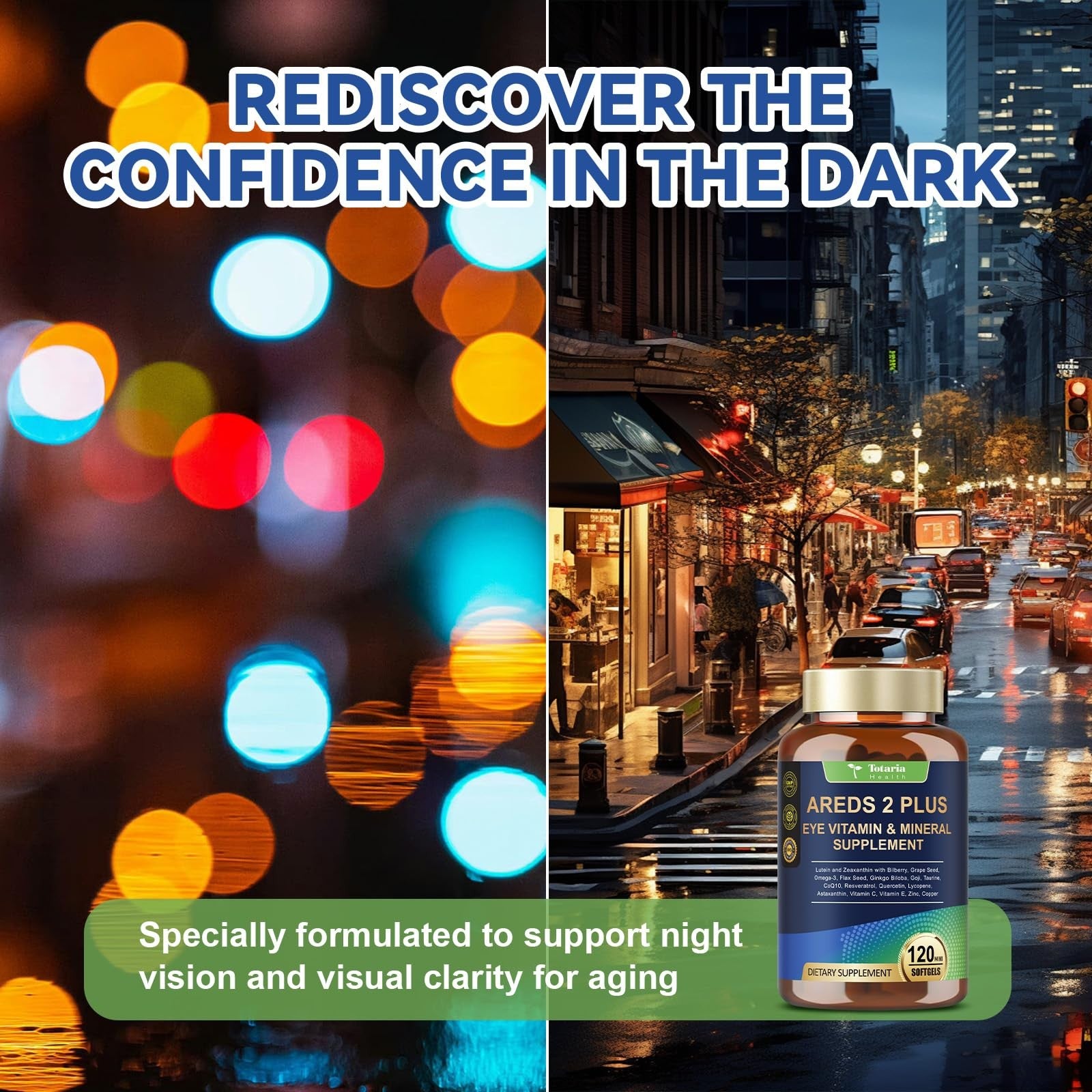Totaria 19-in-1 AREDS 2 eye vitamins bottle with colorful label, supporting macular health, dry eye relief, and eye supplements.